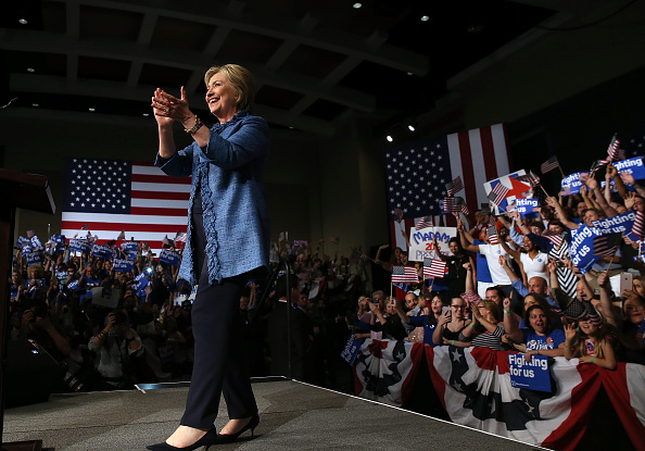 Democratic presidential candidate former Secretary of State Hillary Clinton greets supporters during her primary night gathering on March 15, 2016 in West Palm Beach, Florida.