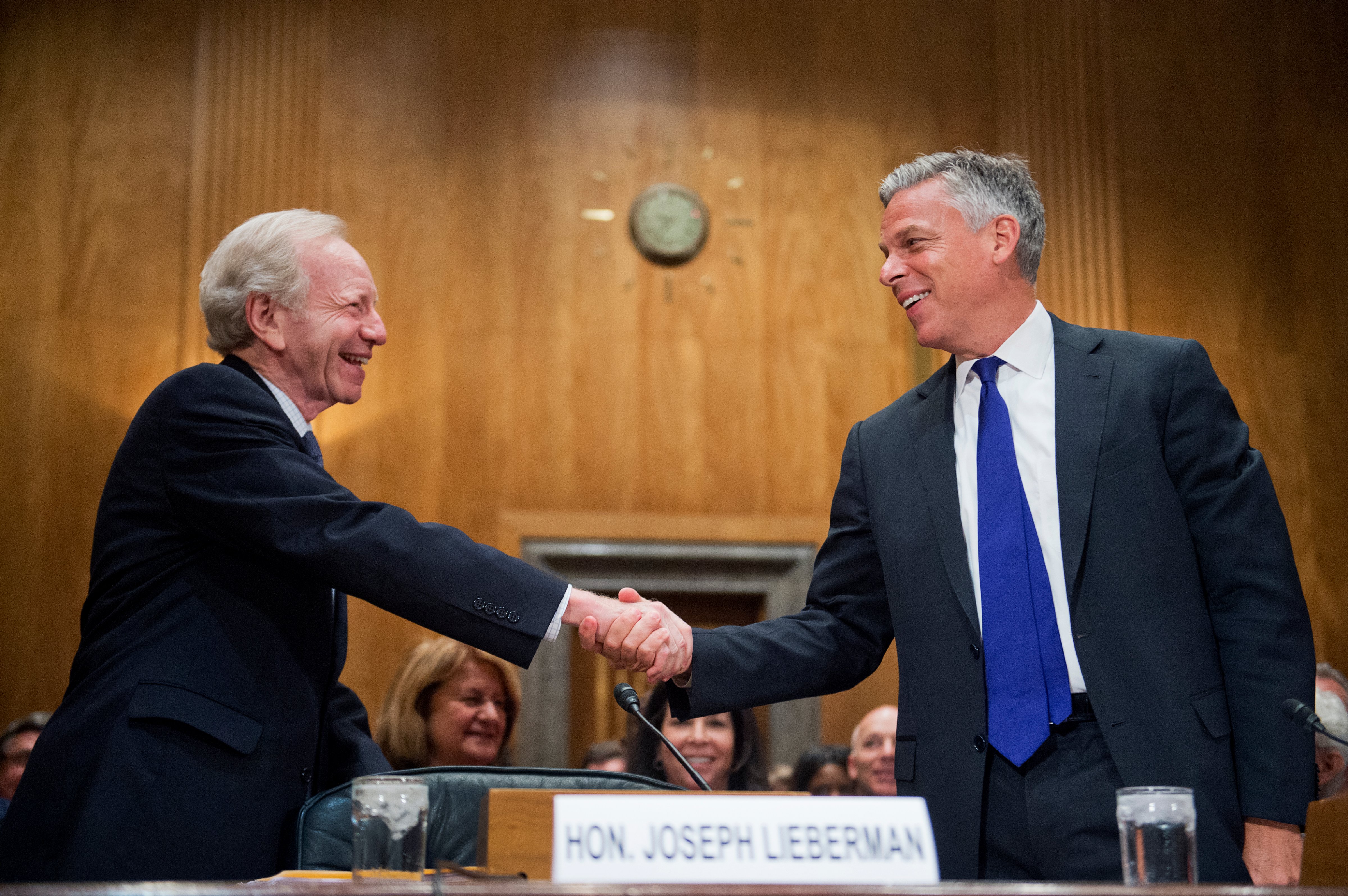 Former Sen. Joseph Lieberman, I-Conn., left, and former Gov. Jon Huntsman Jr., R-Utah, co-chairs of No Labels, arrive for a Senate Homeland Security and Governmental Affairs Committee hearing on June 17, 2015.