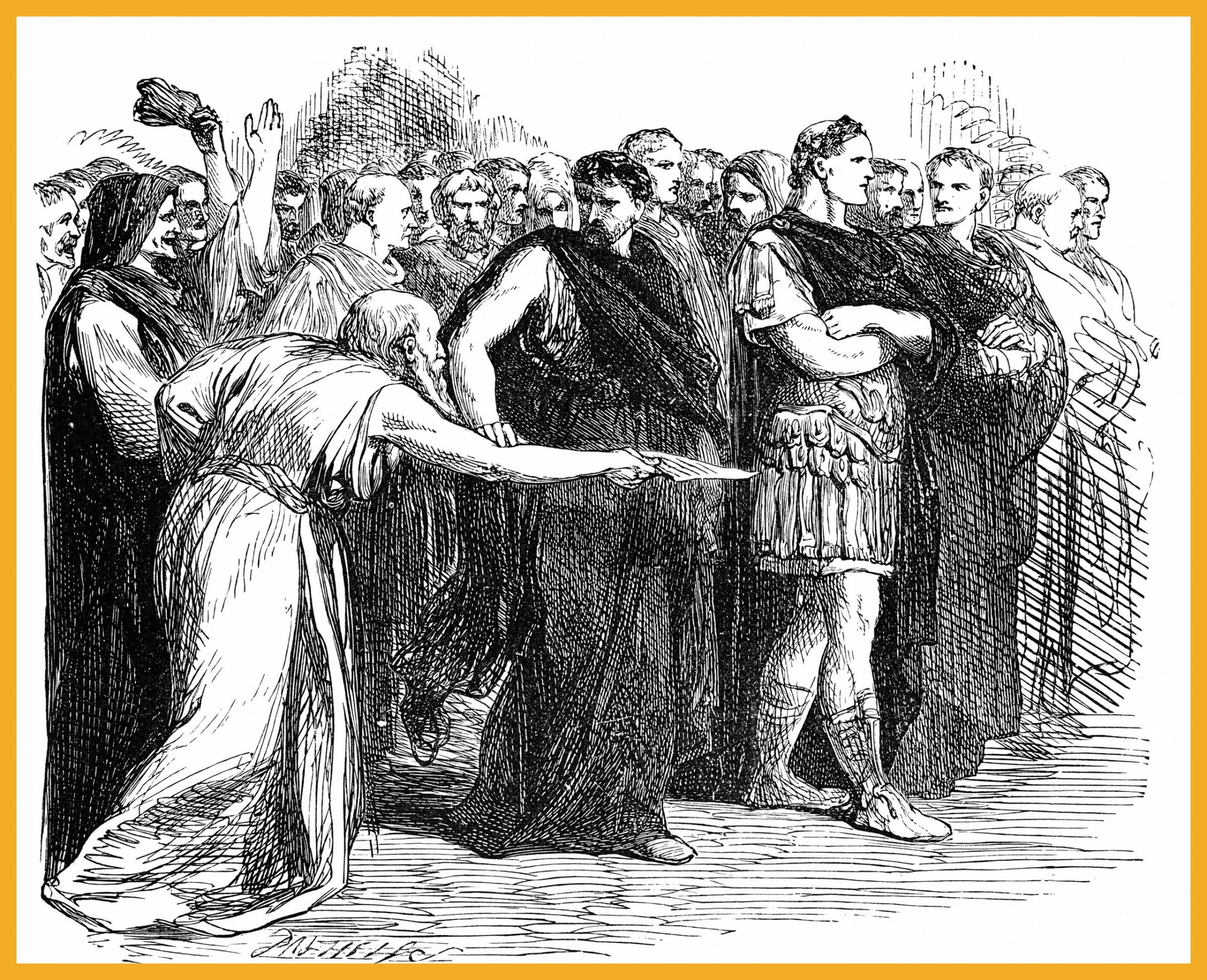 Beware the Ides of March: Soothsayer warning Julius Caesar of the Ides of March - the day on which he was assassinated. Illustration for Julius Caesar from an edition of William Shakespeare's works published 1858. Wood engraving
