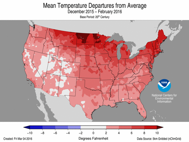 The temperature difference from normal from December 2015 through February 2016 over the Lower 48. (NOAA)