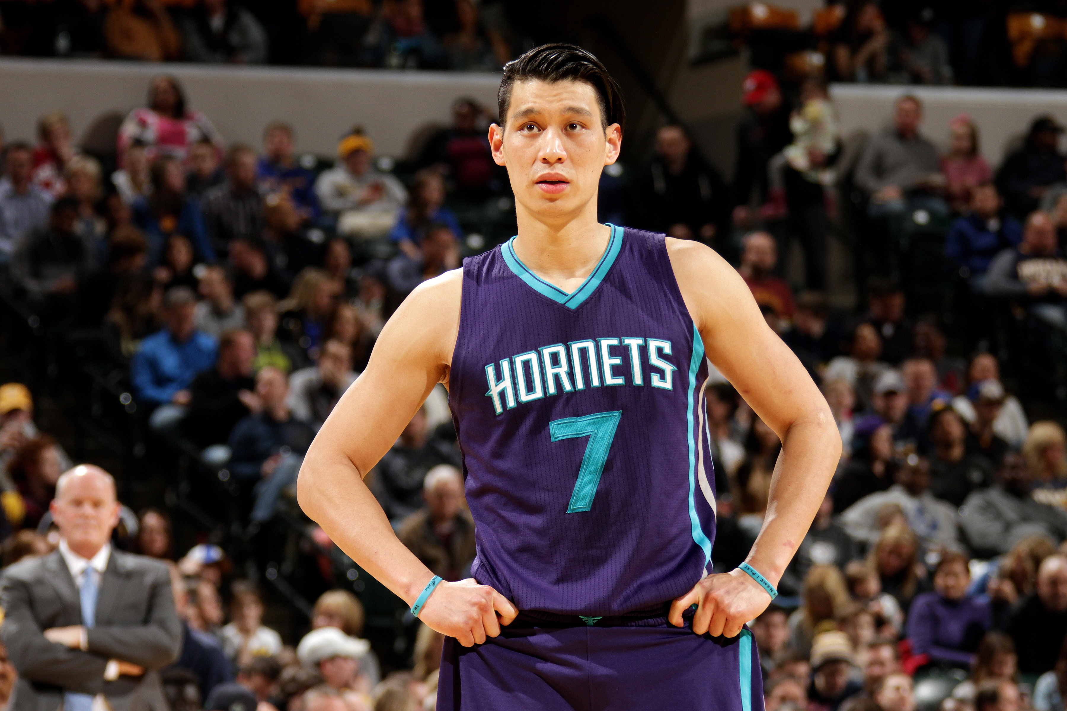 Jeremy Lin of the Charlotte Hornets looks on during a game in Indianapolis, on Feb. 26, 2016. (Ron Hoskins—NBAE/Getty Images)