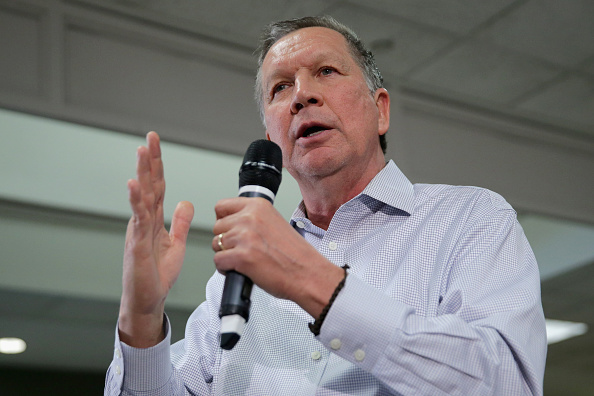 Republican presidential candidate Ohio Gov. John Kasich addresses a town hall-style meeting in the Hazel Hall Atrium at the George Mason University Law School in Fairfax, Va., on March 1, 2016.