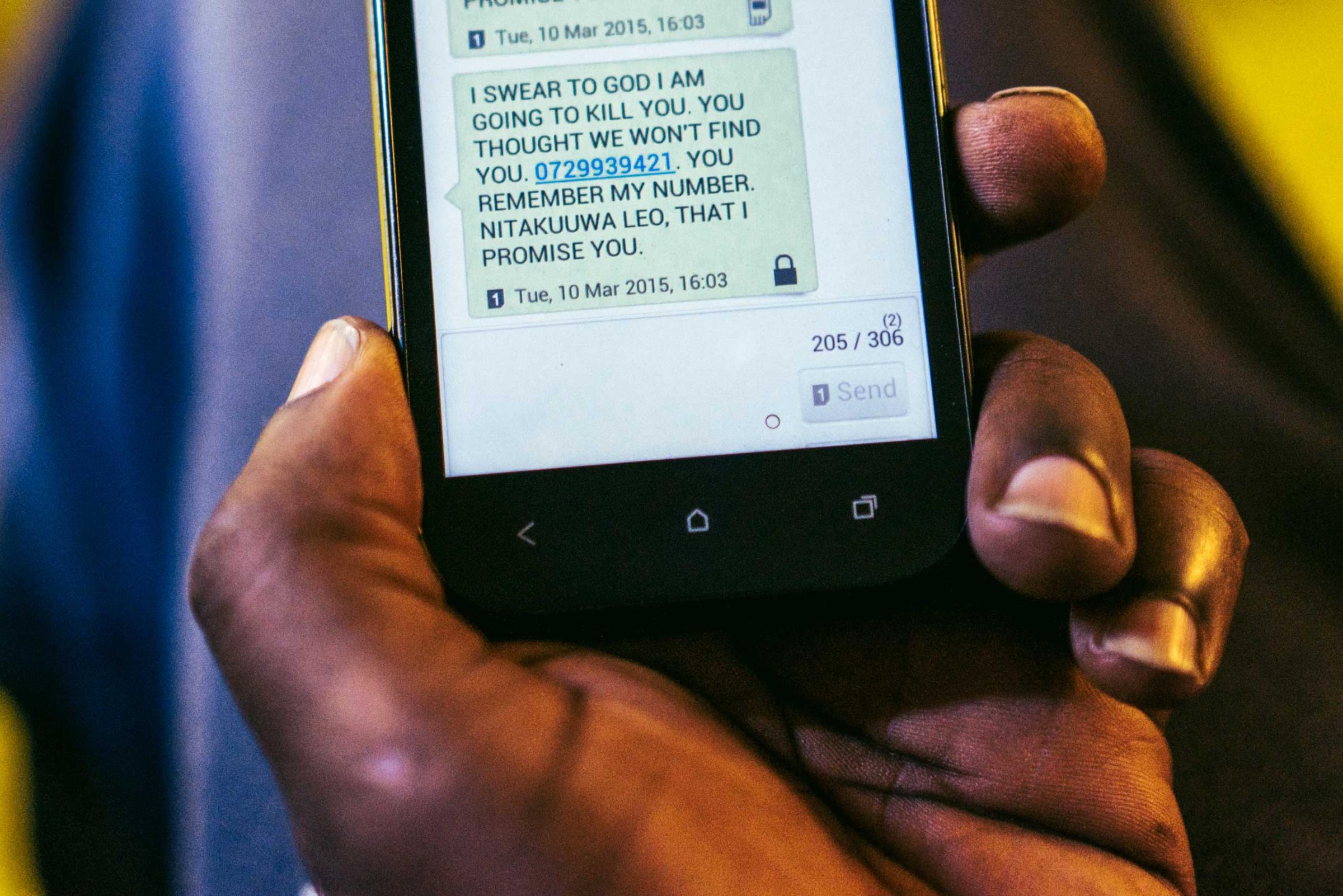 A text message a gay refugee from Uganda received from an unknown number soon after he arrived in Kenya. The sender threatened to kill him that same day, and so he went into hiding. Because he is unsure who sent the message, he lived in constant fear. He has since been resettled in the United States.