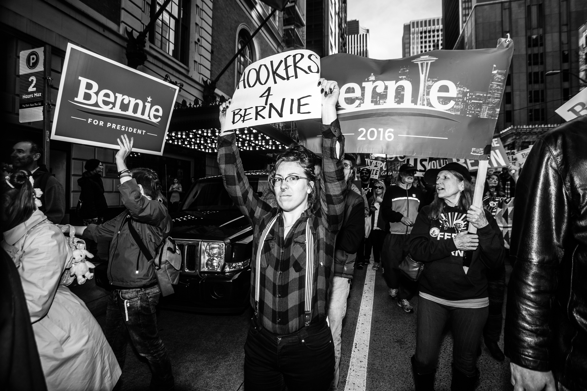 Supporters walk in a 'March for Bernie' in downtown Seattle on on Feb. 27.