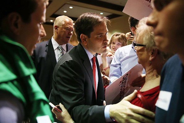 Republican presidential candidate U.S. Sen. Marco Rubio (R-FL) greets people during a campaign rally at theTampa Convention Center on March 7, 2016 in Tampa, Florida.