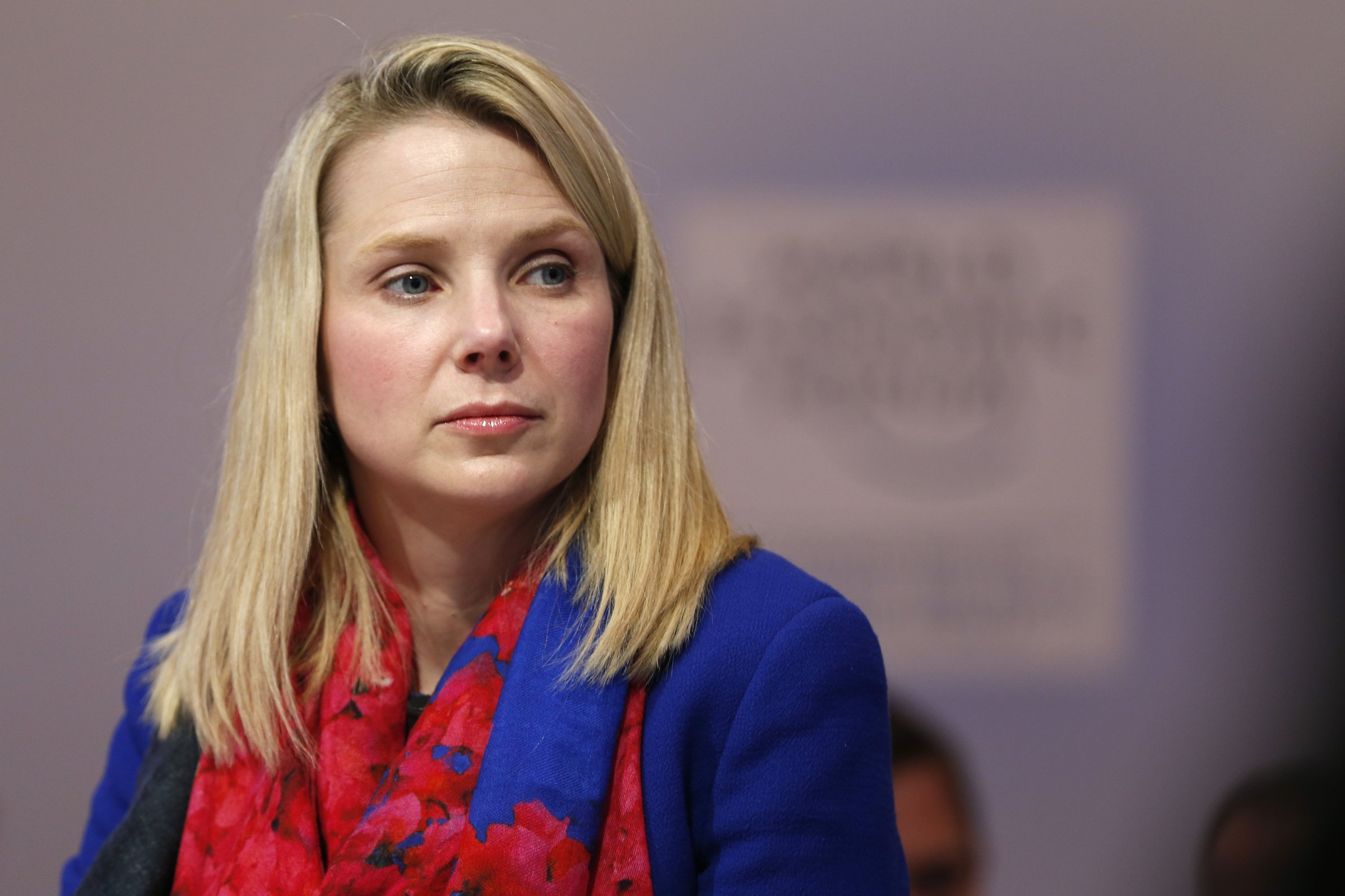 Marissa Mayer, chief executive officer of Yahoo! Inc., pauses during a session on day two of the World Economic Forum (WEF) in Davos, Switzerland, on Thursday, Jan. 22, 2015.