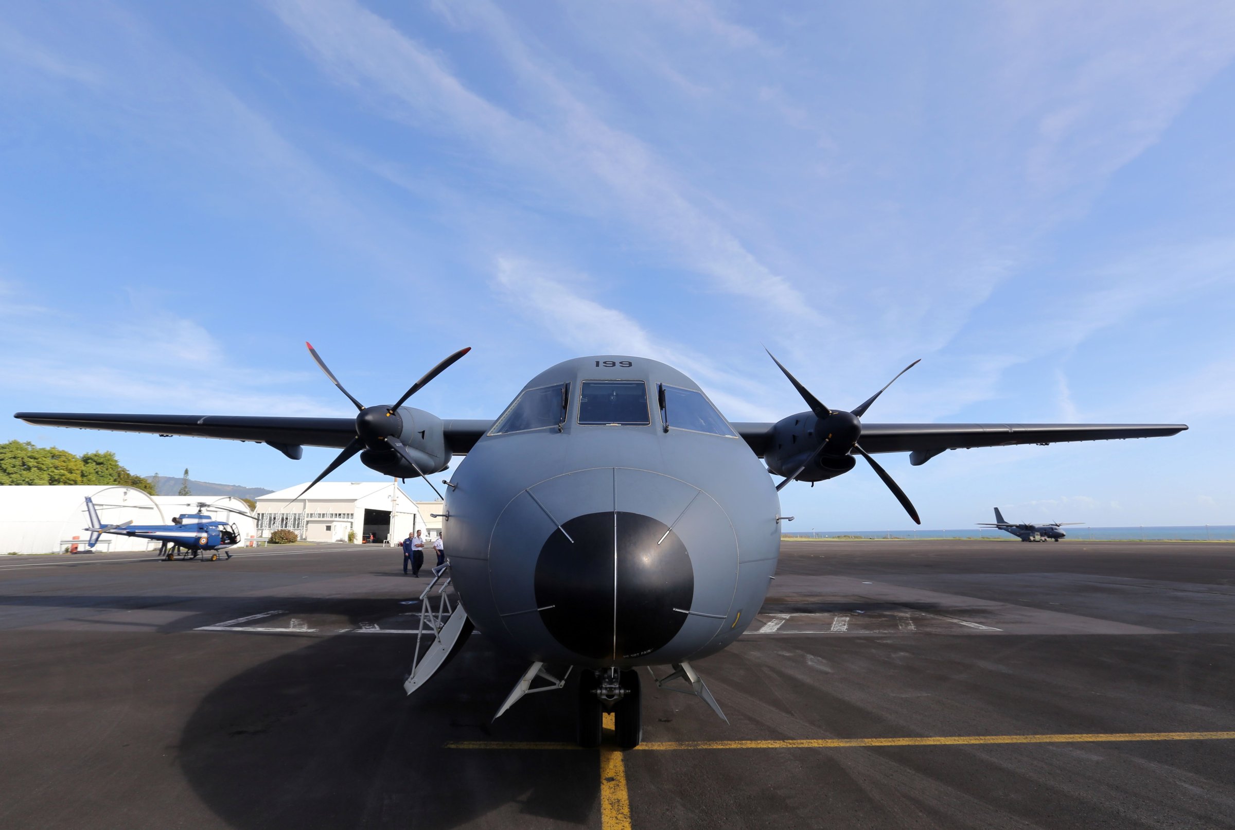 A photo taken on August 14, 2015 shows a CASA 235 plane from the 181st Air Detachment of the French Air Force taking part in the search for wreckage from the missing MH370 plane at an air base in Saint-Marie on the French island of La Reunion .
