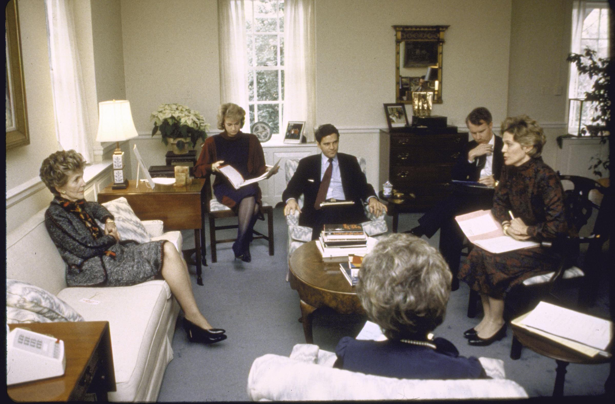 Second Term The First Lady meets with her staff in 1985. Nancy's primary iniative as First Lady was a program aimed at curbing drug abuse among young people christened the "Just Say No" drug awareness campaign.