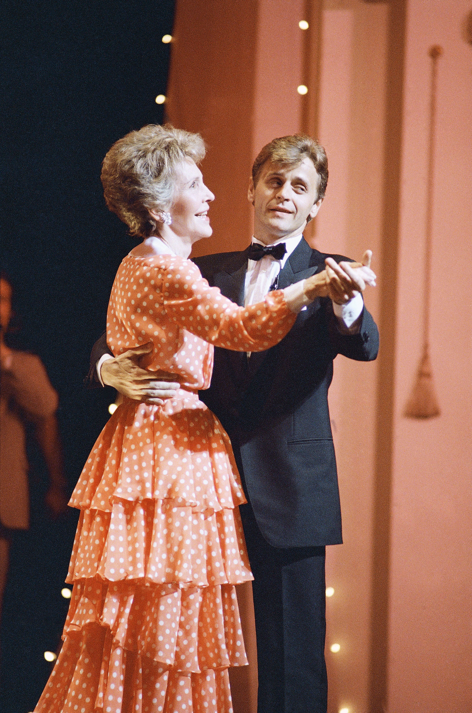 Former first lady Nancy Reagan dances on the stage at Ford's Theatre in Washington with ballet star Mikhail Baryshnikov June 21, 1987.