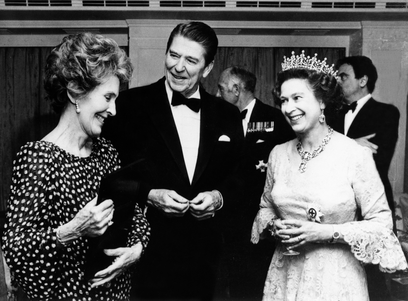 Queen Elizabeth II with Ronald Reagan and Nancy Reagan in February of 1983.