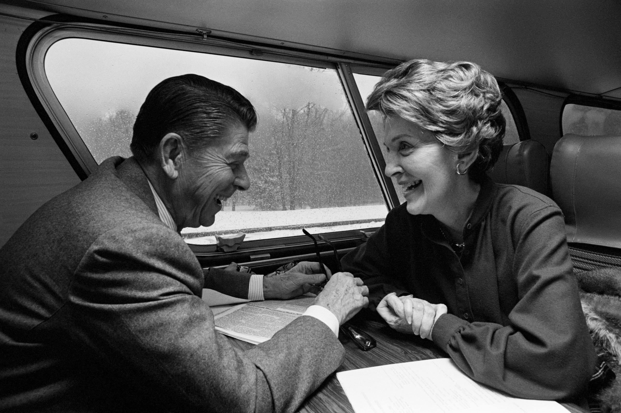 Then-Republican presidential candidate Ronald Reagan campaigns in New Hampshire with his wife Nancy on Feb. 16, 1980.
