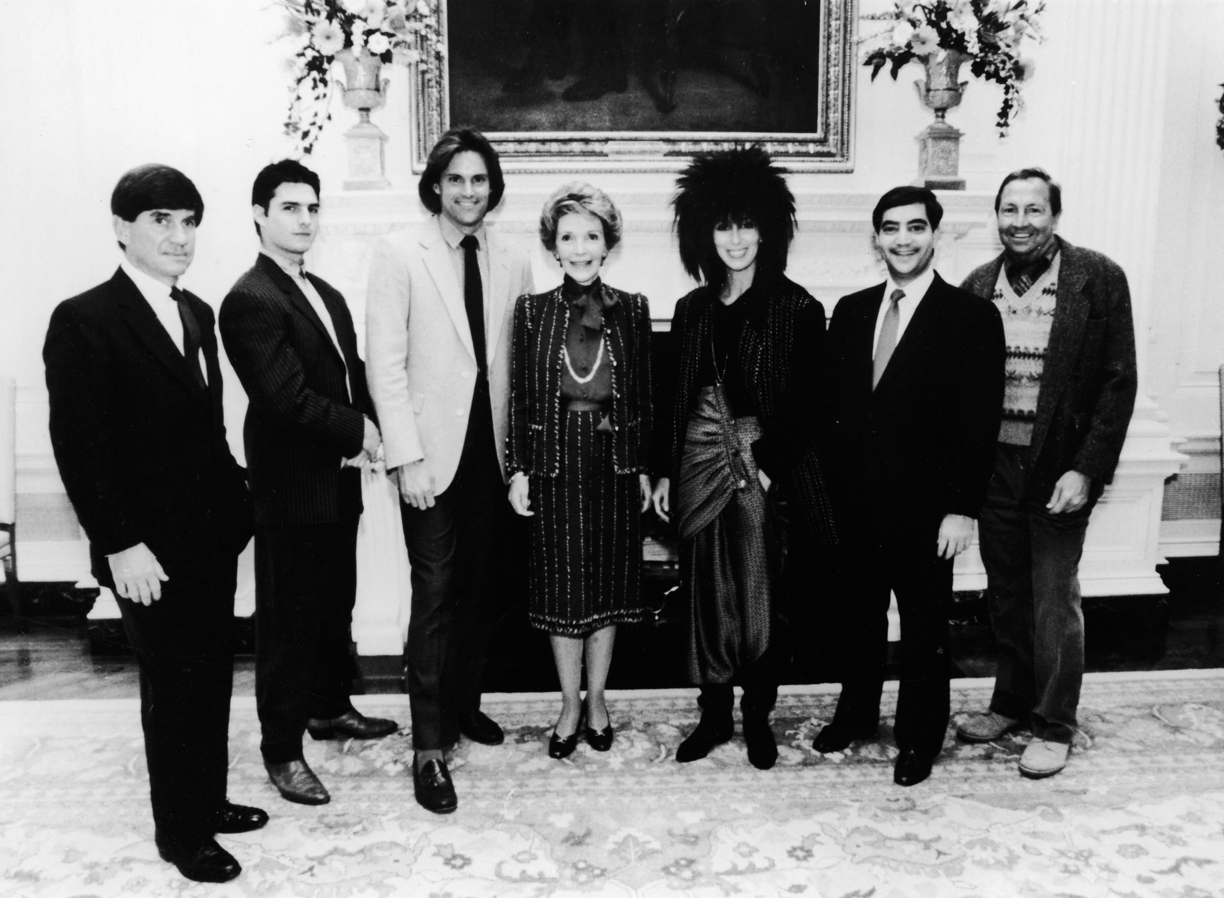 Nancy Reagan poses with celebrity recipients of the Outstanding Learning Disabled Achiever Award, Chris Anderson, Tom Cruise, Caitlyn Jenner (formerly Bruce Jenner), Cher, Richard C. Strauss, and Robert Rauchenberg, at the White House in  Washington, D.C. in October 1985.