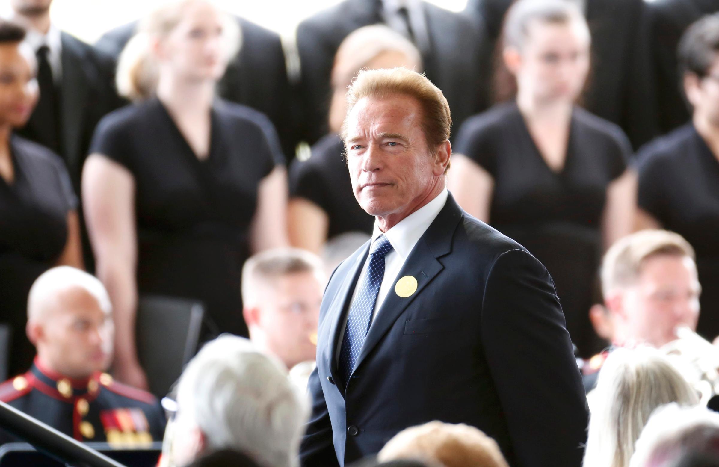 Former California Governor Arnold Schwarzenegger arrives for the funeral of Nancy Reagan at the Ronald Reagan Presidential Library in Simi Valley, California