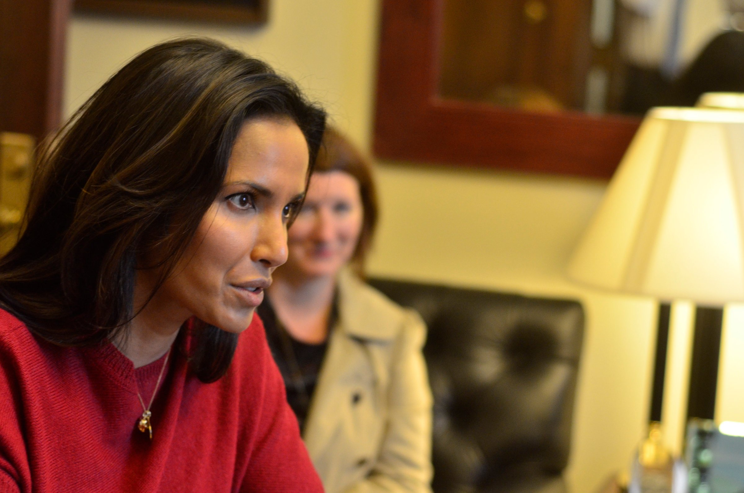 Actress Padma Lakshmi speaks with Rep. Kathleen Rice (D-NY) to speak about school lunches