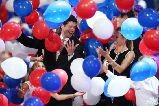 Republican vice presidential candidate, U.S. Rep. Paul Ryan (R-WI) and wife, Janna Ryan stand in the balloon drop during the final day of the Republican National Convention at the Tampa Bay Times Forum on August 30, 2012 in Tampa, Florida.