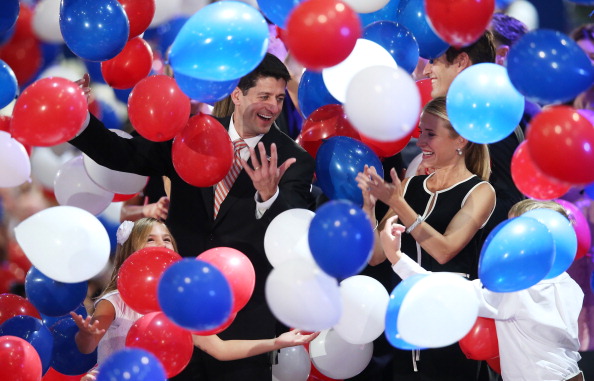 Republican vice presidential candidate, U.S. Rep. Paul Ryan (R-WI) and wife, Janna Ryan stand in the balloon drop during the final day of the Republican National Convention at the Tampa Bay Times Forum on August 30, 2012 in Tampa, Florida.