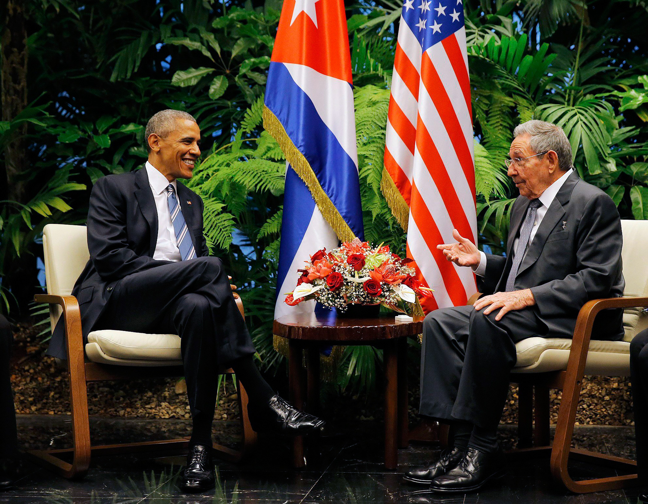 U.S. President Barack Obama and Cuba's President Raul Castro hold their first meeting of Obama's visit to Cuba on March 21, 2016.