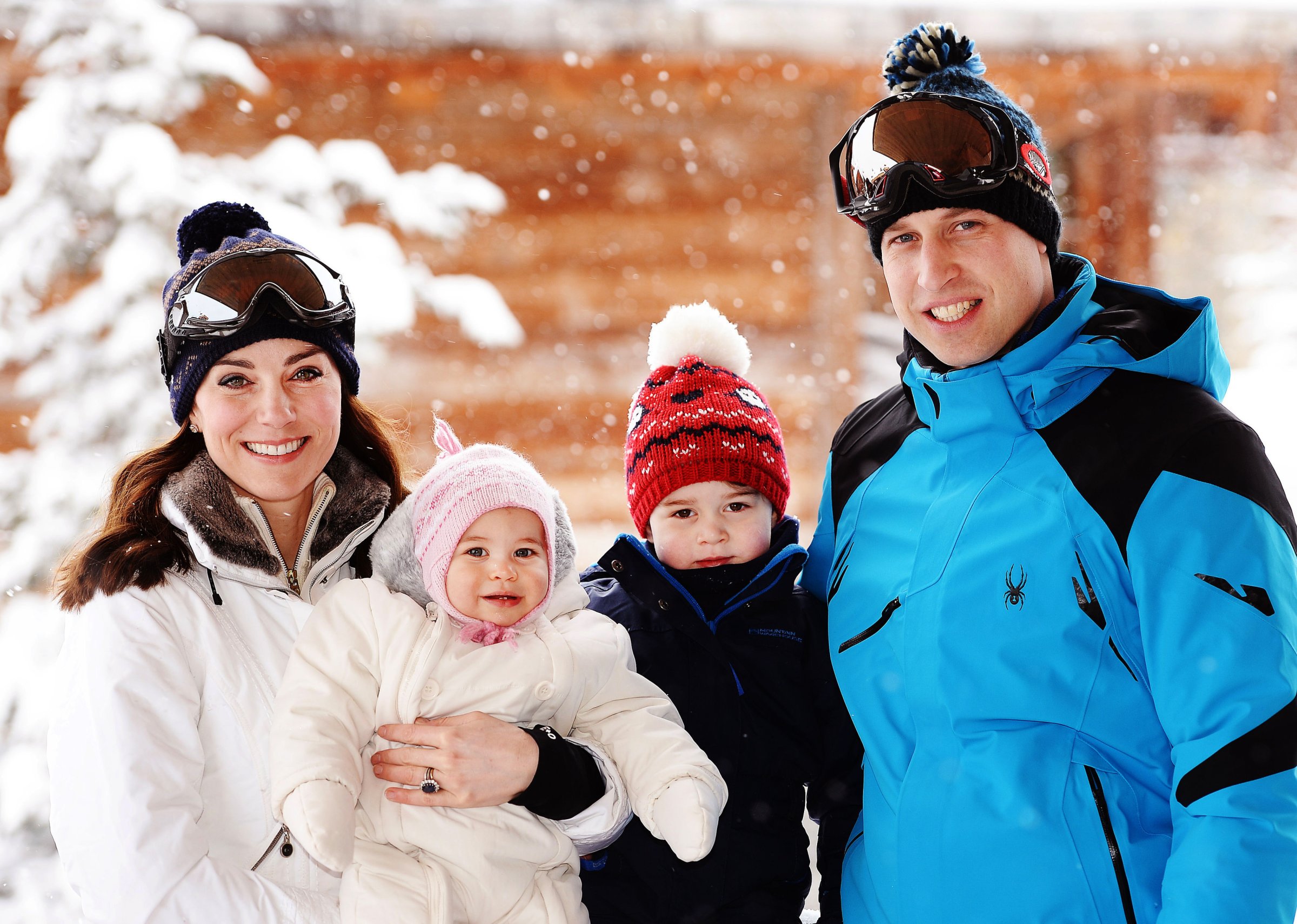 Catherine, Duchess of Cambridge, Kate Middleton, and Prince William, Duke of Cambridge, pose with their children, Princess Charlotte and Prince George during a private break skiing in the French Alps on March 3, 2016. Royals