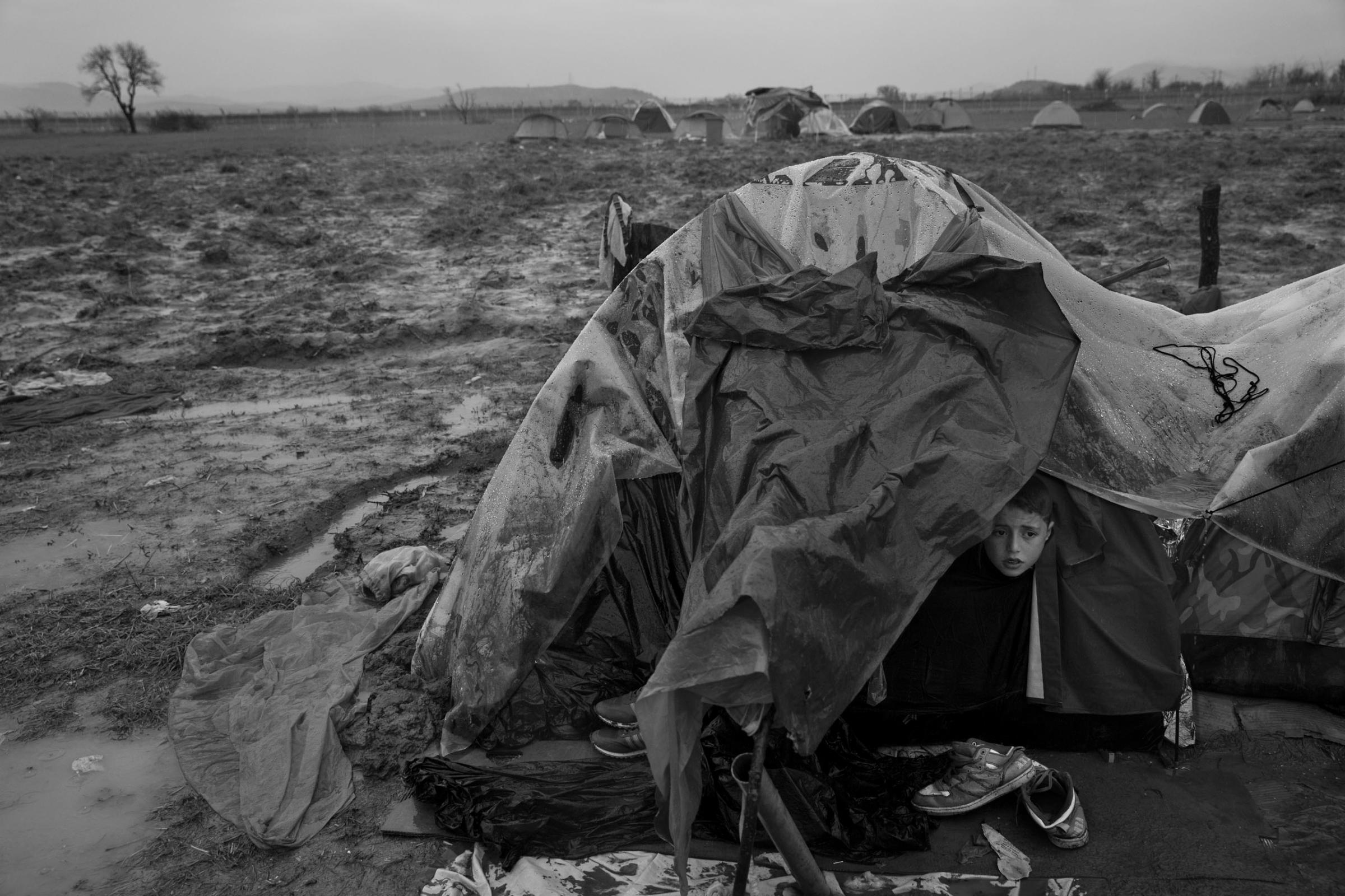 A boy peers out of a tent at a refugee camp in Greece at the Macedonian border, where 12,000 inhabitants—nearly all of them Syrians, Iraqis or Afghans—have been huddling in their shelters atop the mud, March 13, 2016.