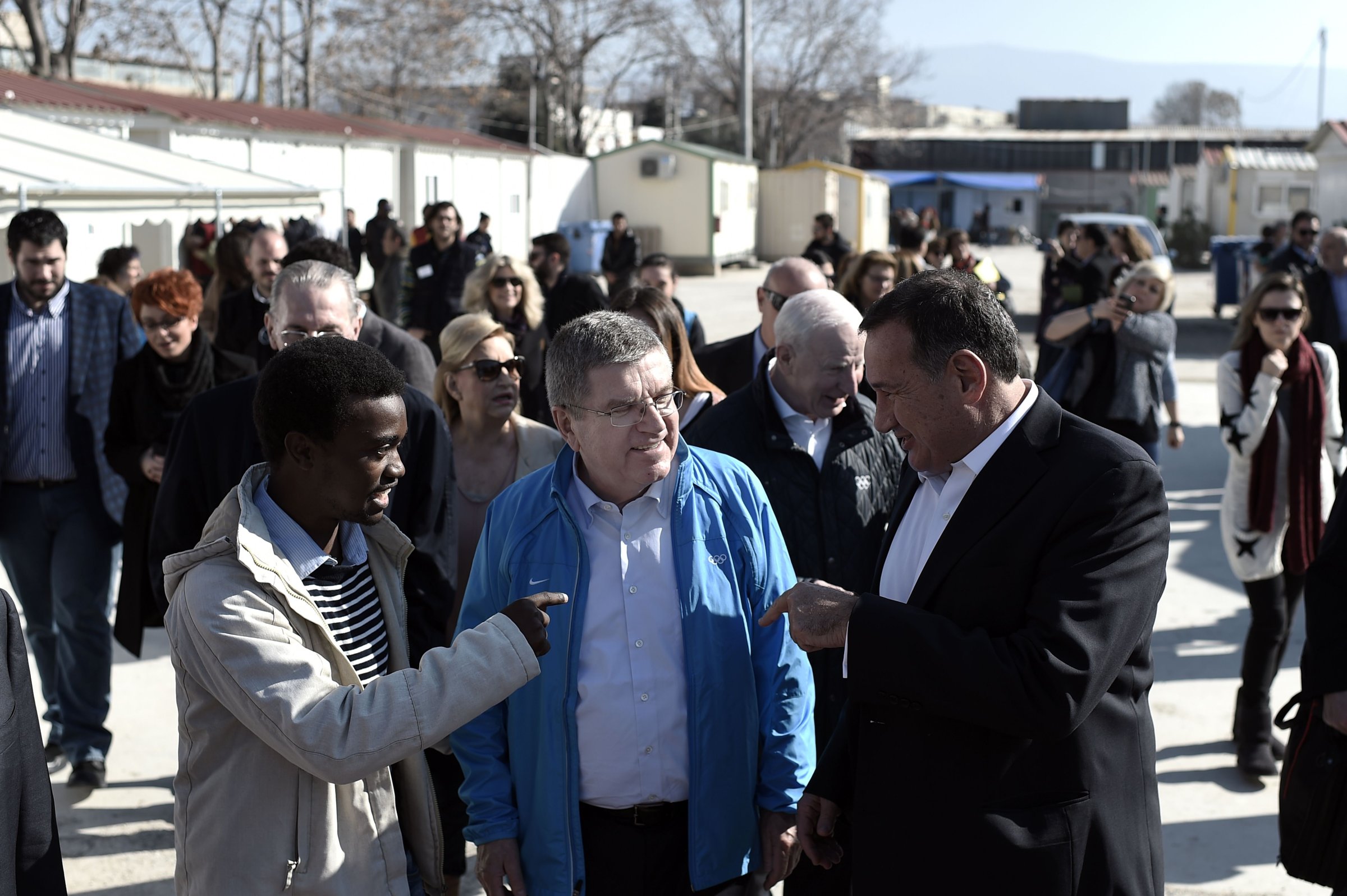 IOC President Thomas Bach at the Athens, Greece, Elaionas camp for migrants and refugees, Jan. 28, 2016.