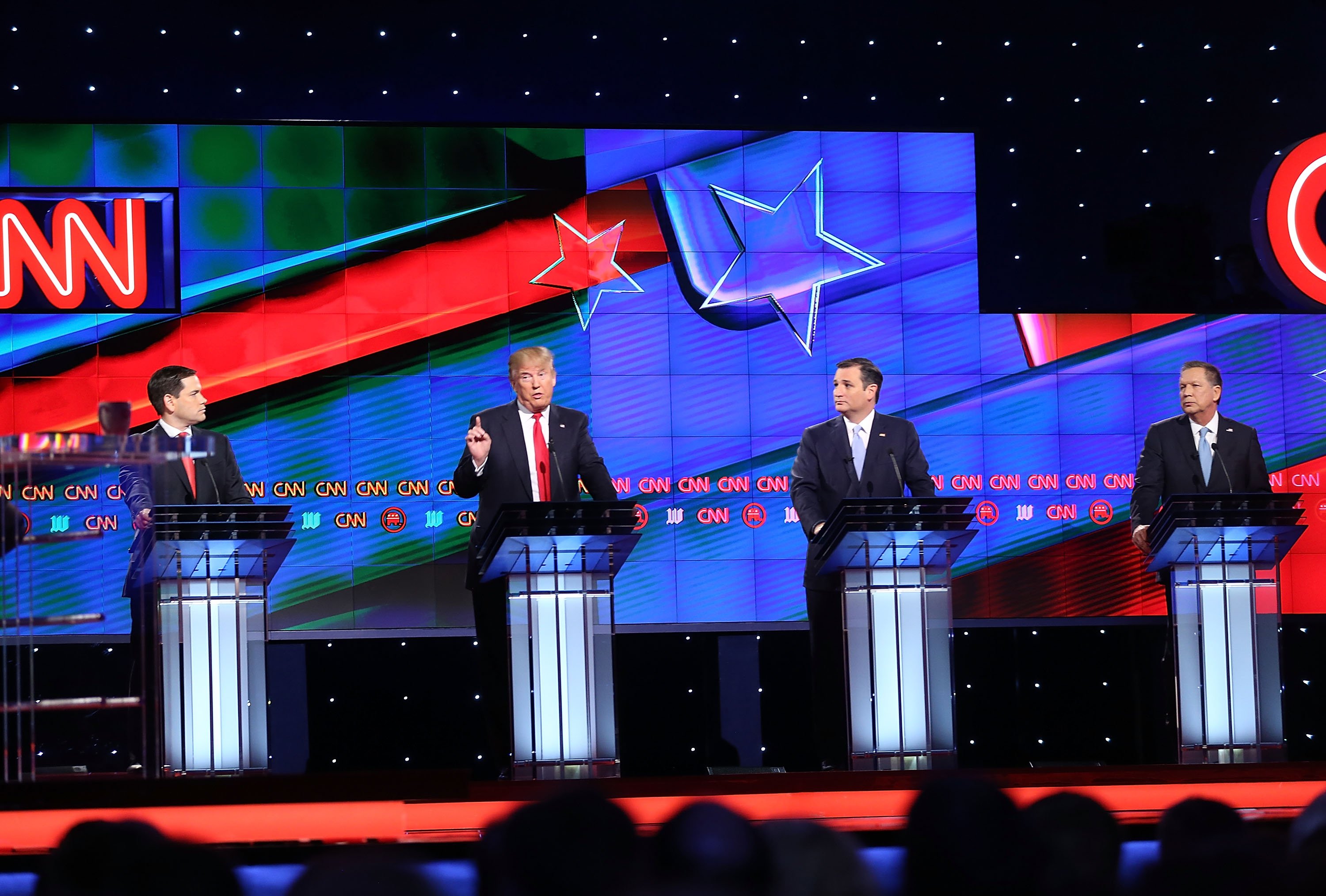 Republican presidential candidates, Sen. Marco Rubio, Donald Trump, Sen. Ted Cruz, and Ohio Gov. John Kasich debate during the CNN, Salem Media Group, The Washington Times Republican Presidential Primary Debate on the campus of the University of Miami on March 10, 2016 in Coral Gables, Fl. (Joe Raedle—Getty Images)