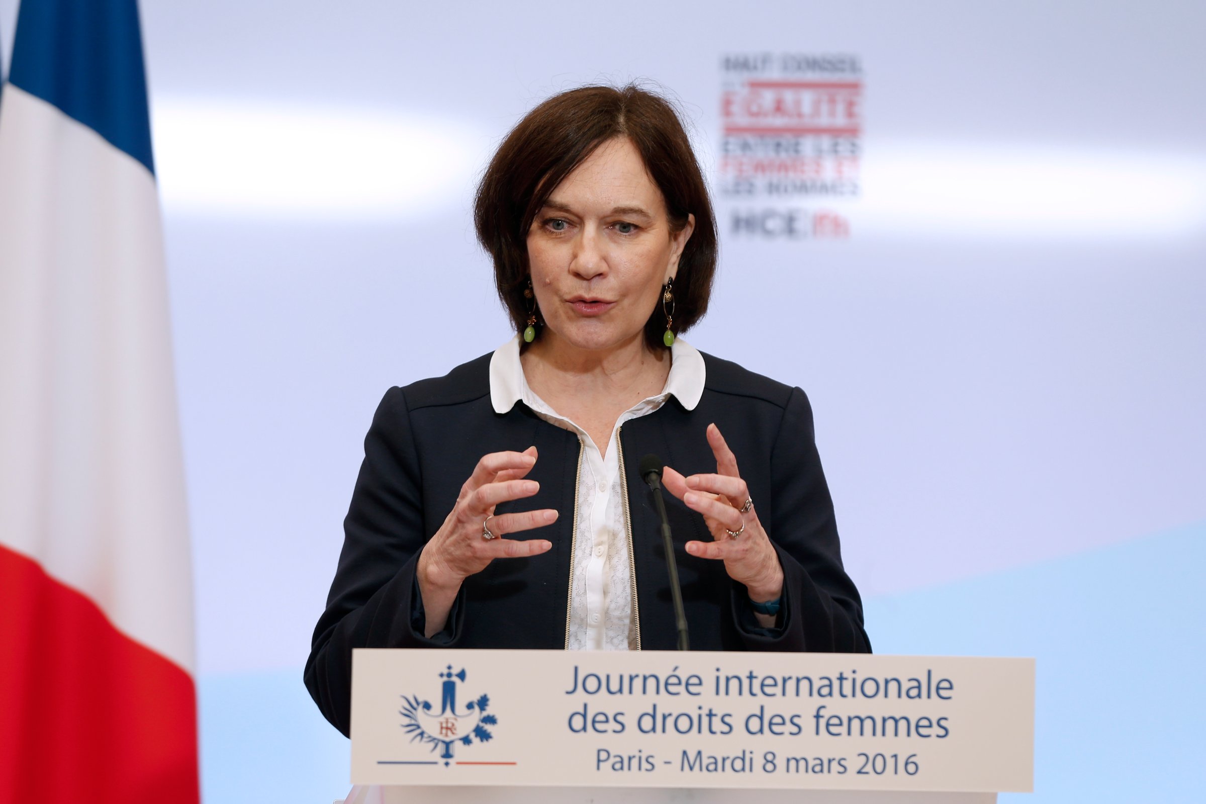 French Minister for the Family, Children and Women's Rights Laurence Rossignol delivers a speech during the launching of the High Council for Equality Between Women and Men on International Women's Day at the Elysee Palace in Paris