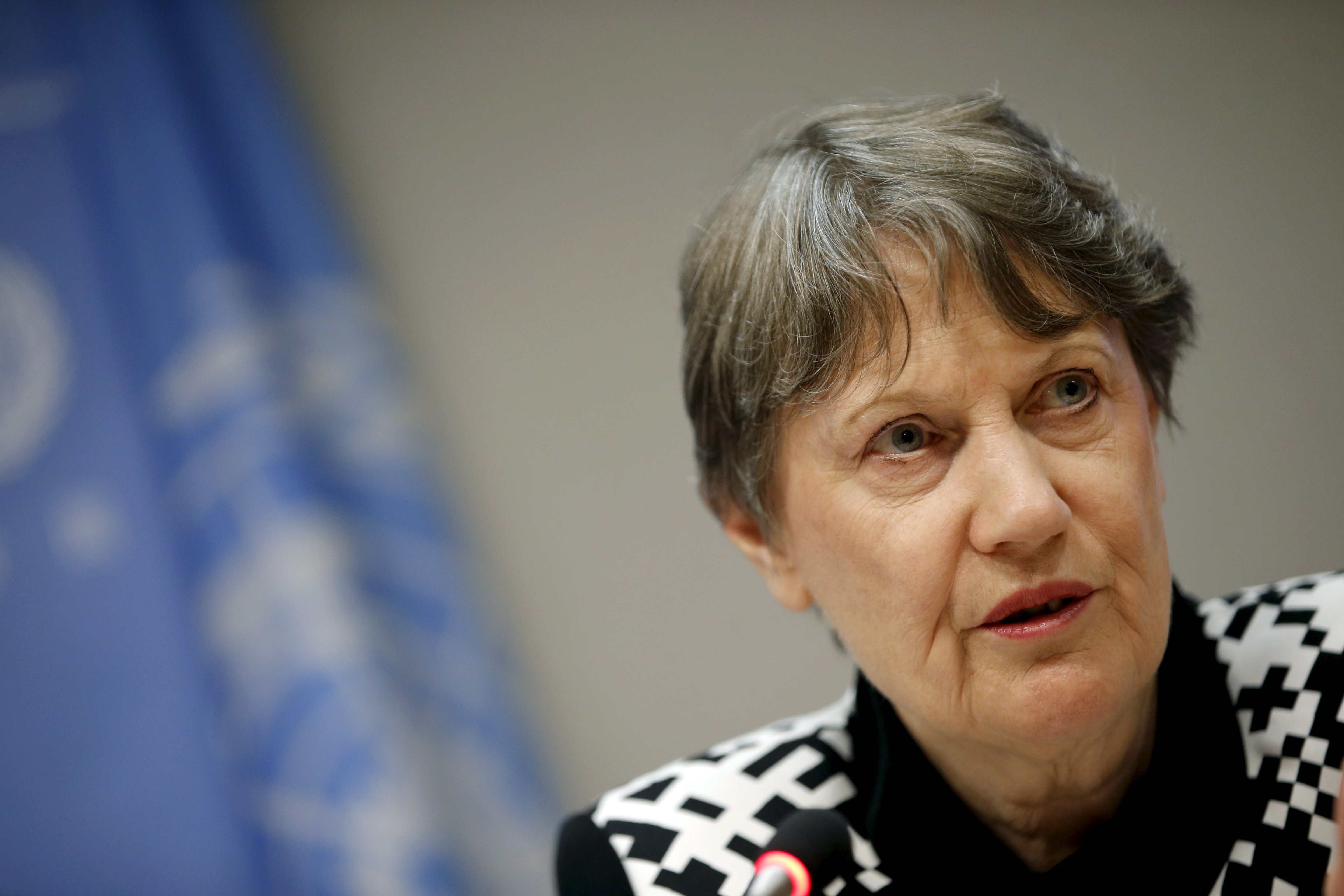 UNDP Administrator Helen Clark speaks at a news conference at United Nations headquarters in New York