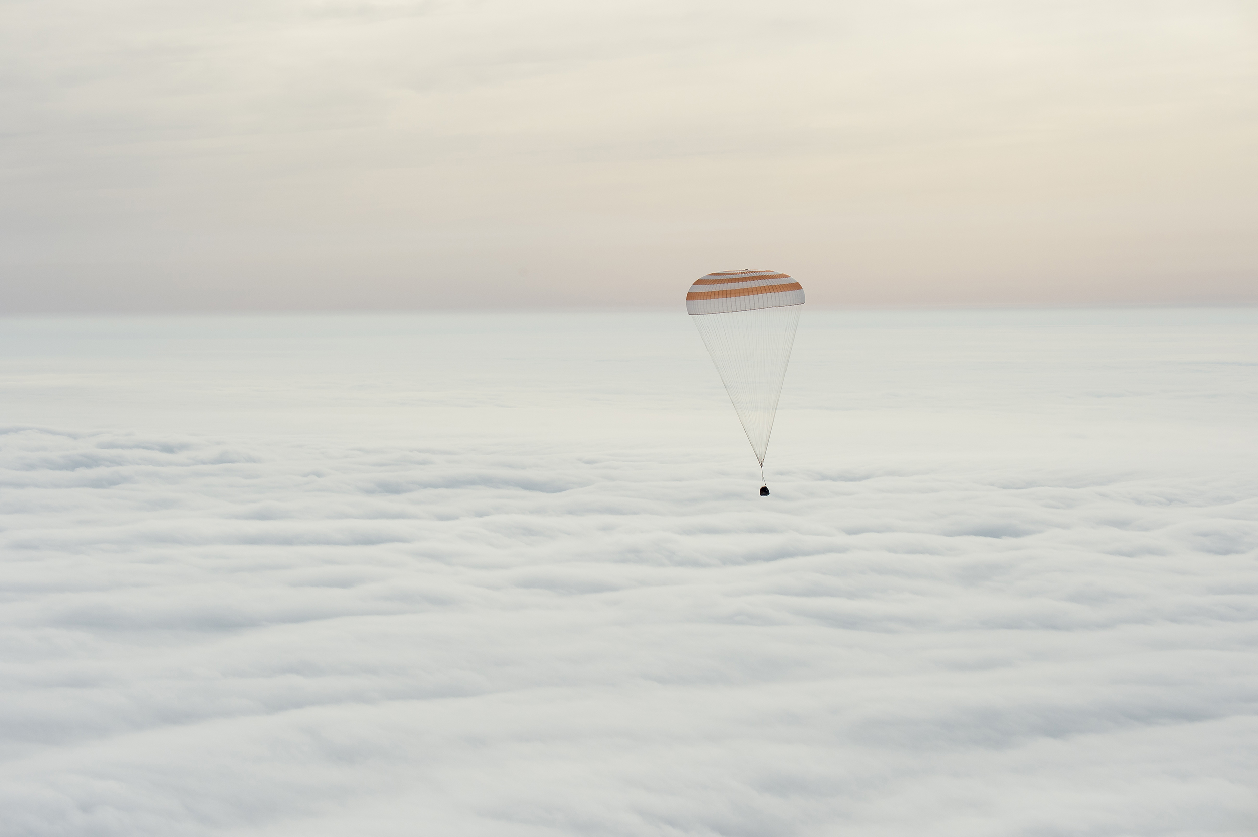 The Soyuz TMA-18M spacecraft is seen as it lands with Expedition 46 Commander Scott Kelly of NASA and Russian cosmonauts Mikhail Kornienko and Sergey Volkov of Roscosmos near the town of Zhezkazgan, Kazakhstan on March 2, 2016