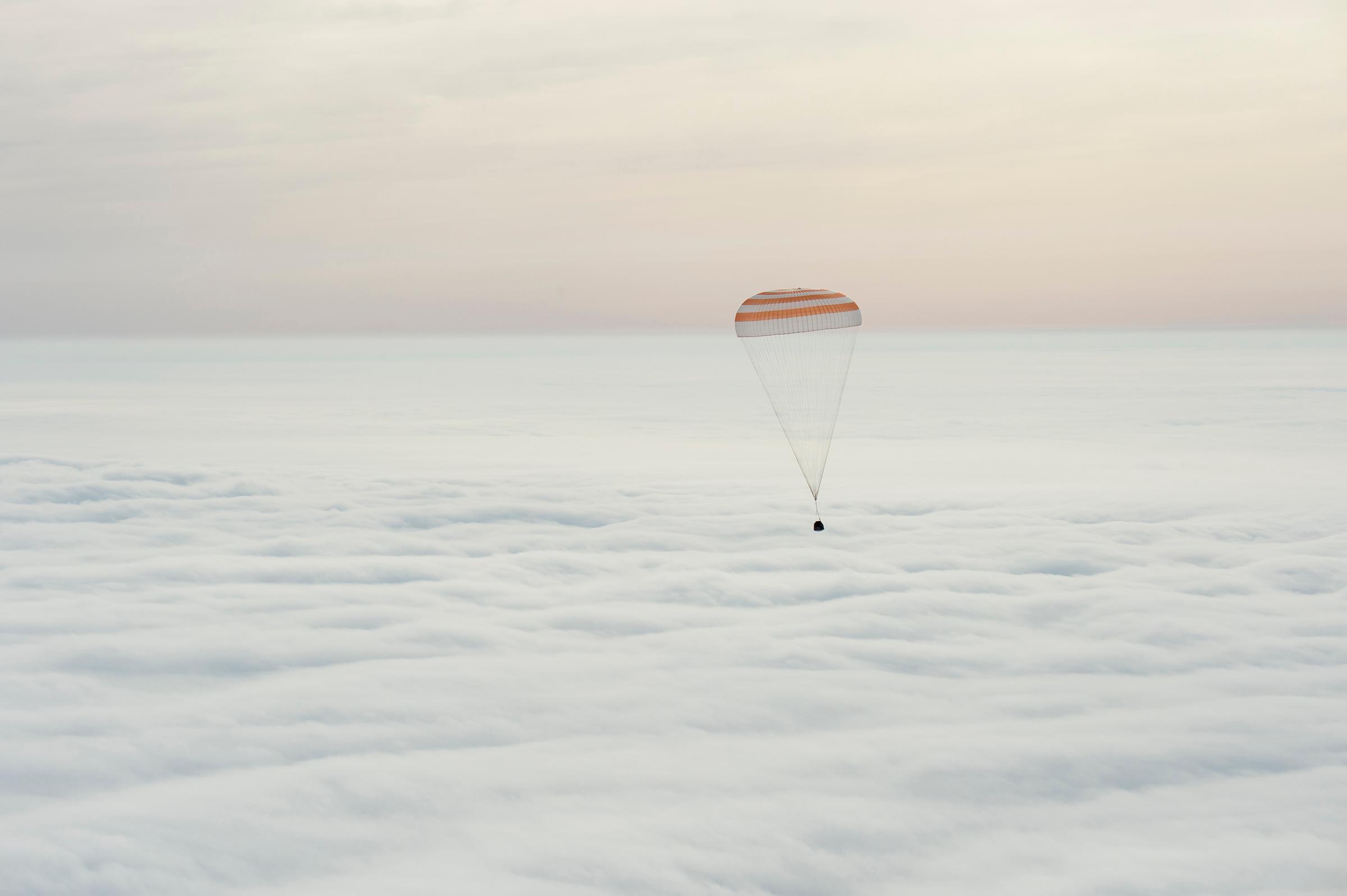The Soyuz TMA-18M spacecraft is seen as it lands with Expedition 46 Commander Scott Kelly of NASA and Russian cosmonauts Mikhail Kornienko and Sergey Volkov of Roscosmos near the town of Zhezkazgan, Kazakhstan on March 2, 2016