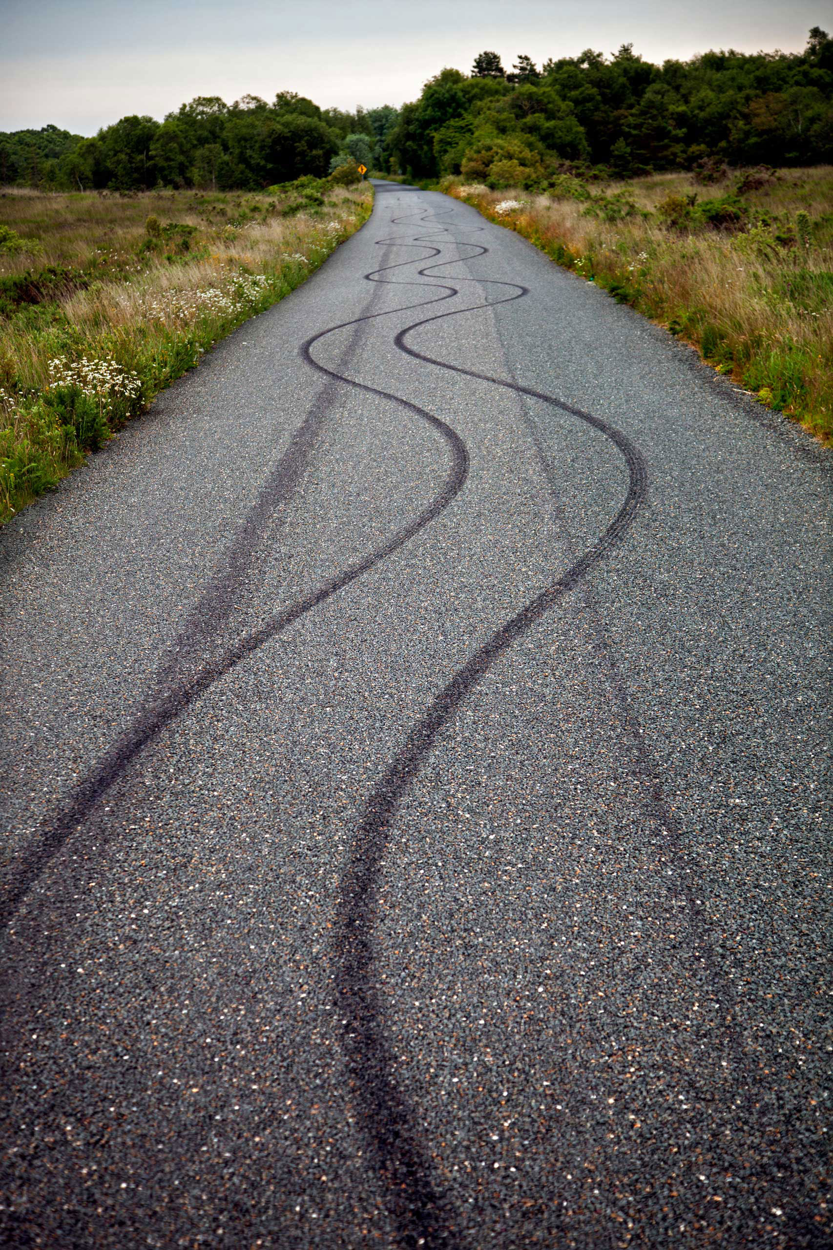 County Roscommon Tyre marks deliberately burned into the road by a joyrider.
