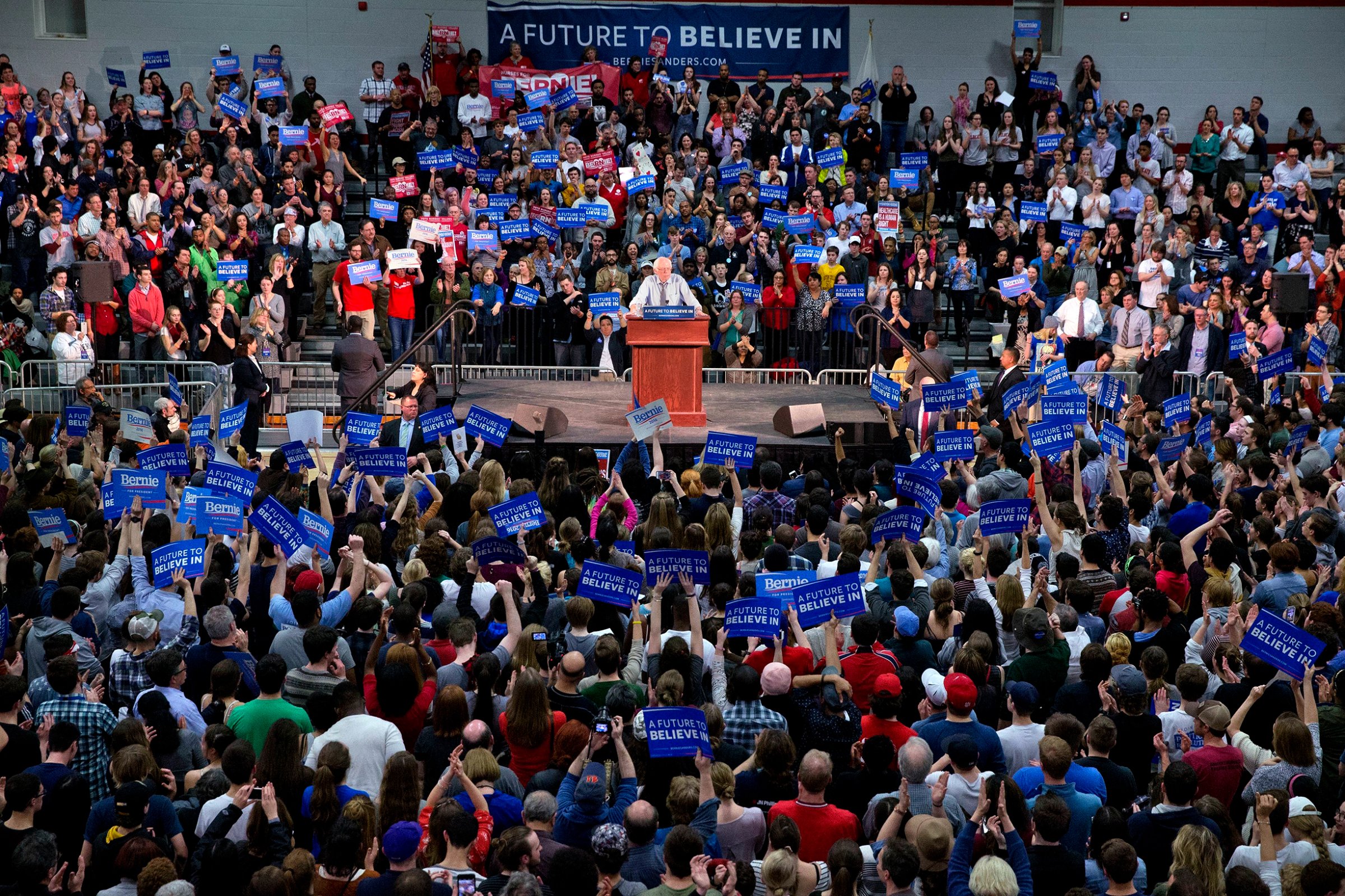 Supporters cheer Sanders during a Feb. 29 rally in Milton, Mass.