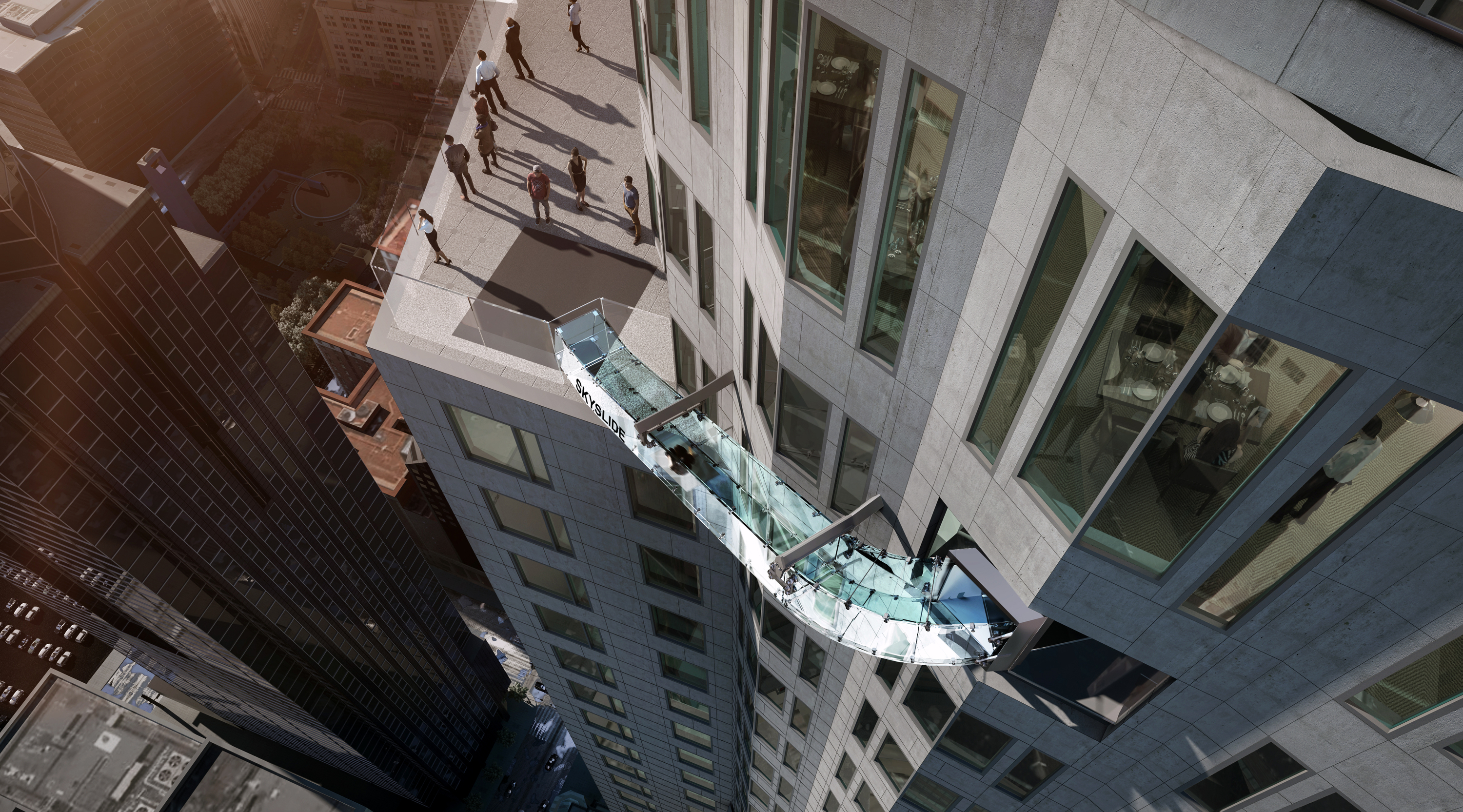 This undated artist's rendering provided by Overseas Union Enterprise Limited shows a glass slide 1,000 feet above the ground off the side of the U.S. Bank Tower in downtown Los Angeles. (Michael Ludvik—AP)