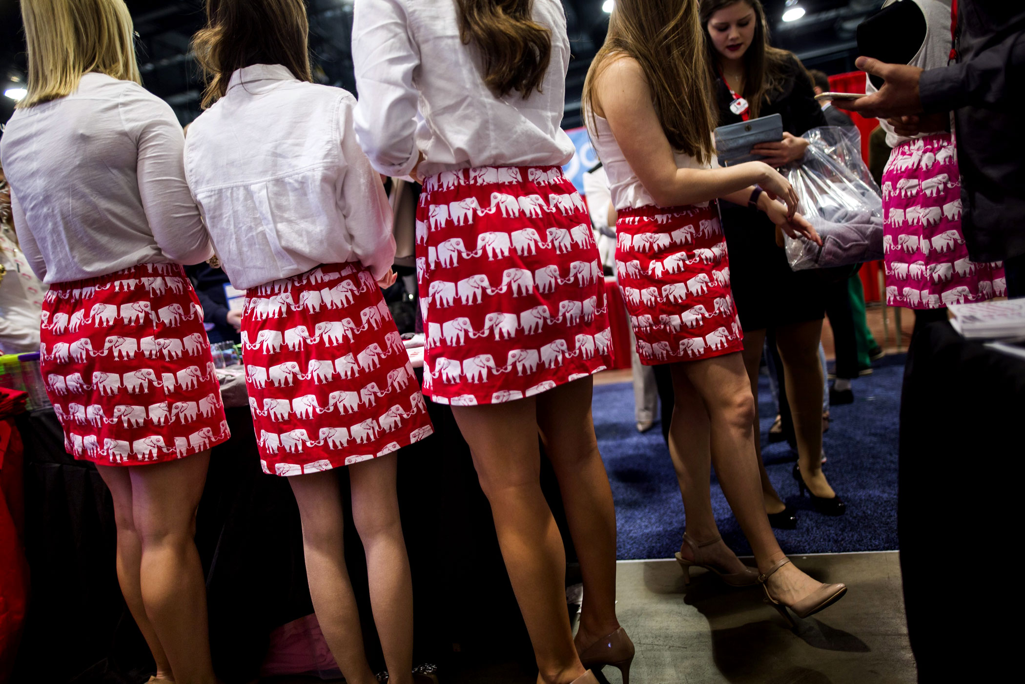 Women with Future Female Leaders wear elephant skirts at their display booth during the Annual Conservative Political Action Conference (CPAC) in National Harbor, Md. on March 5.