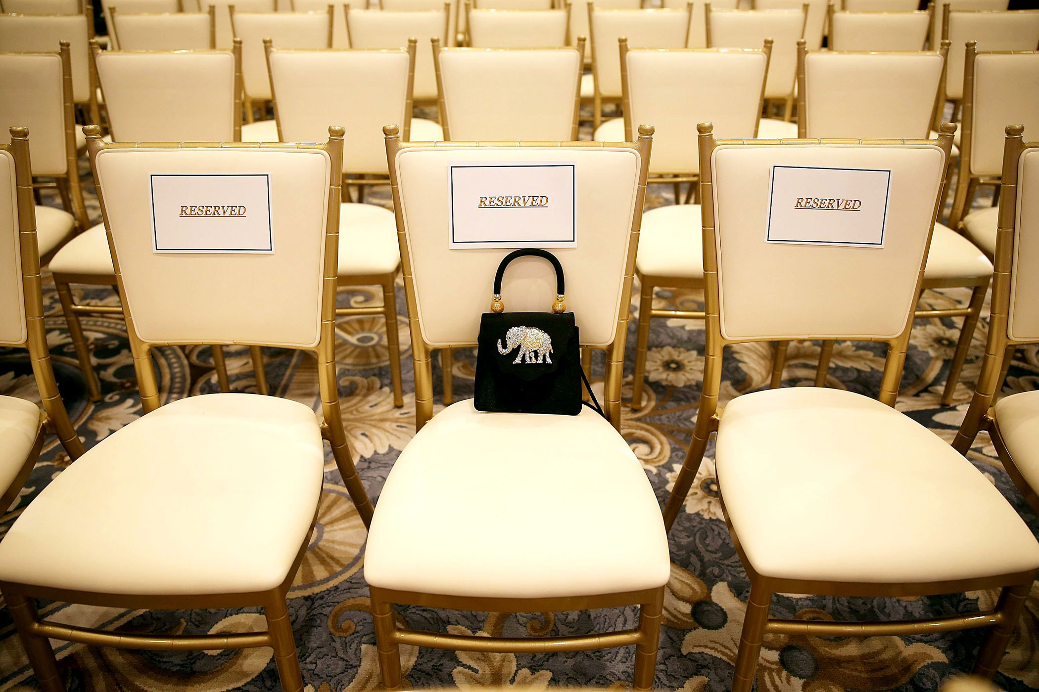 A purse rests on a chair before a news conference at the Trump National Golf Club Jupiter on March 8 in Jupiter, Fla.