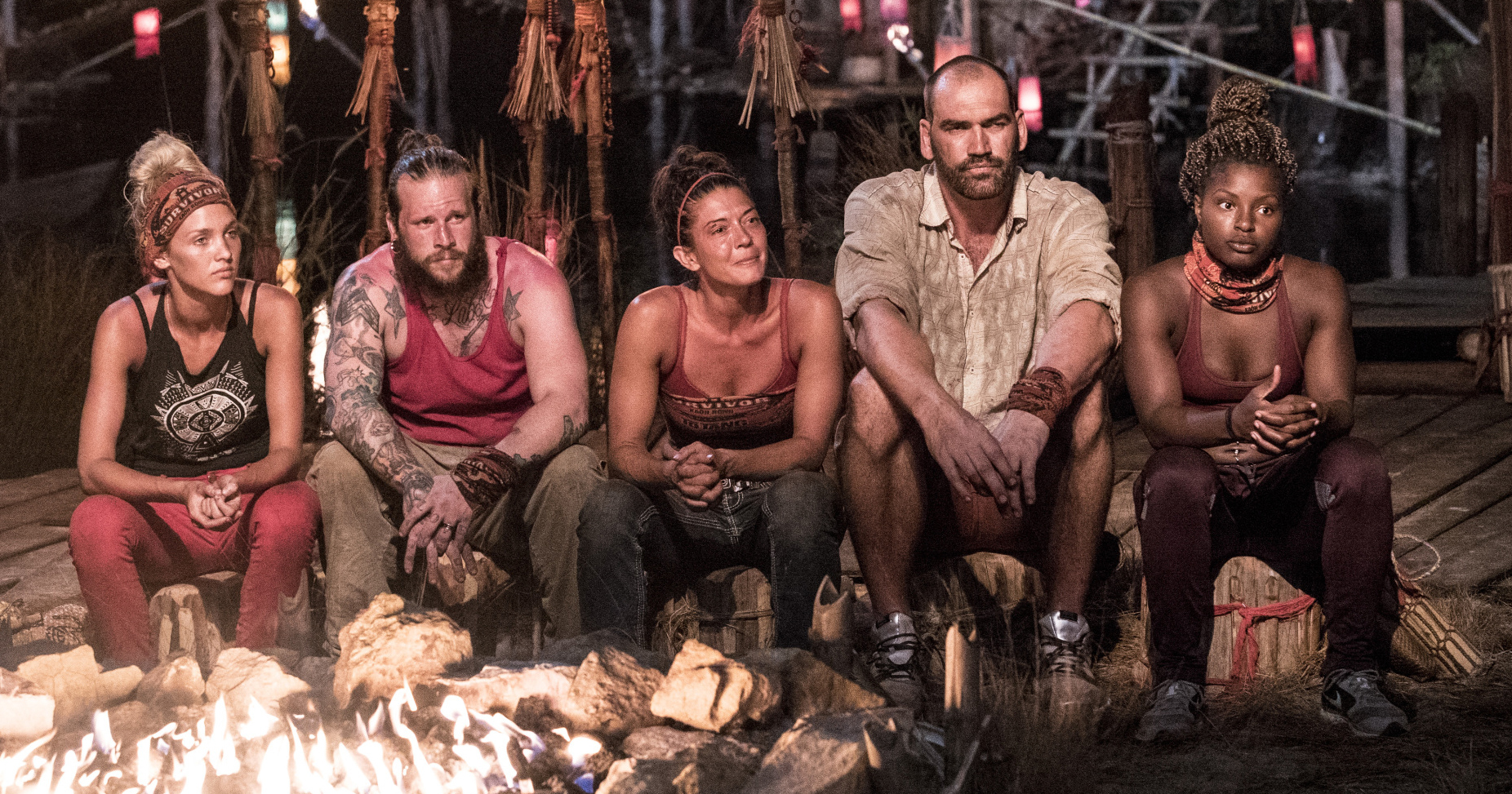 From left: Alecia Holden, Kyle Jason, Jennifer Lanzetti, Scot Pollard and Cydney Gillon at Tribal Council during Survivor: Kaôh Rōng.