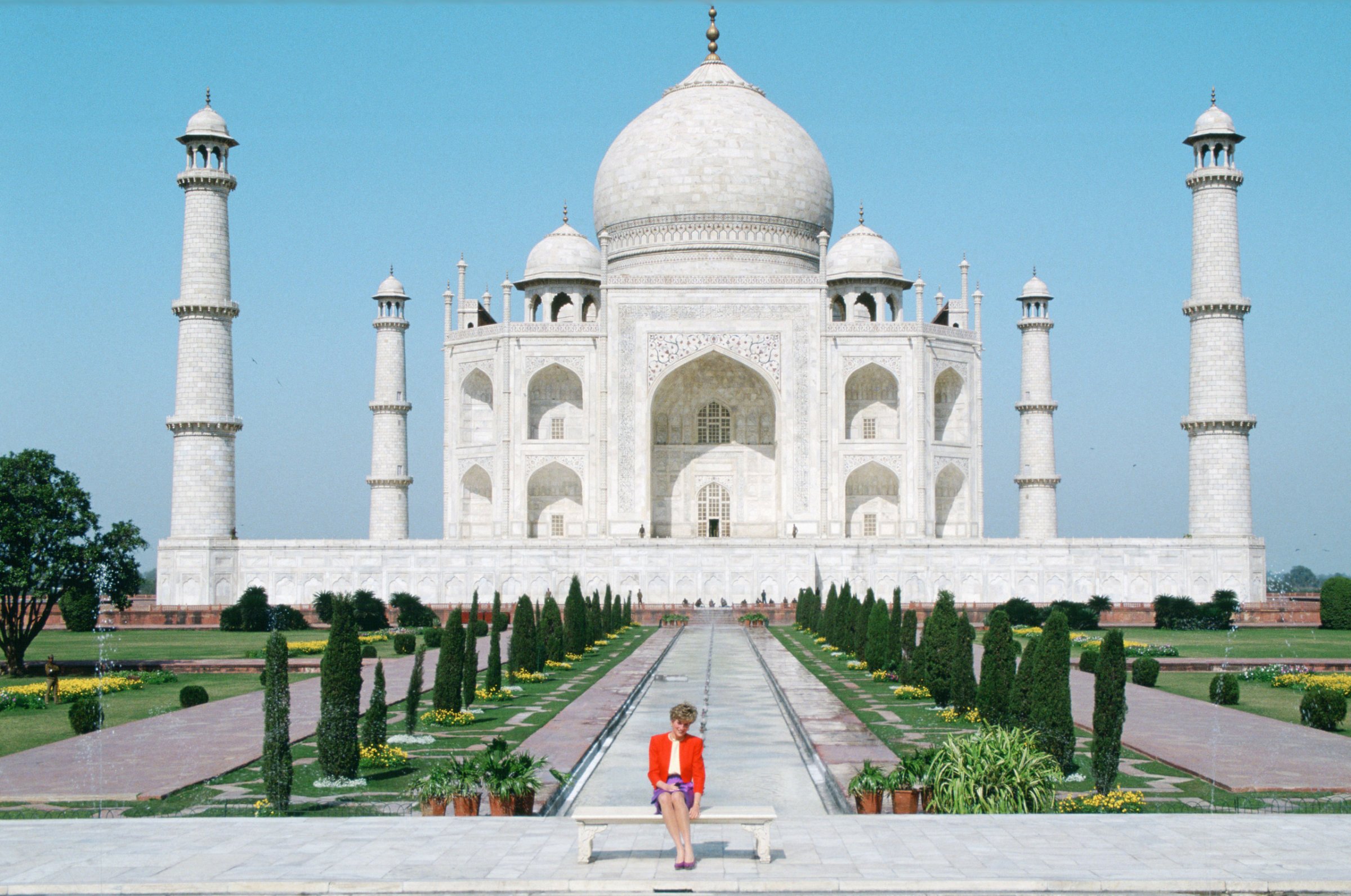 Diana Princess of Wales sits in front of the Taj Mahal during a visit to India, Feb. 11, 1992.