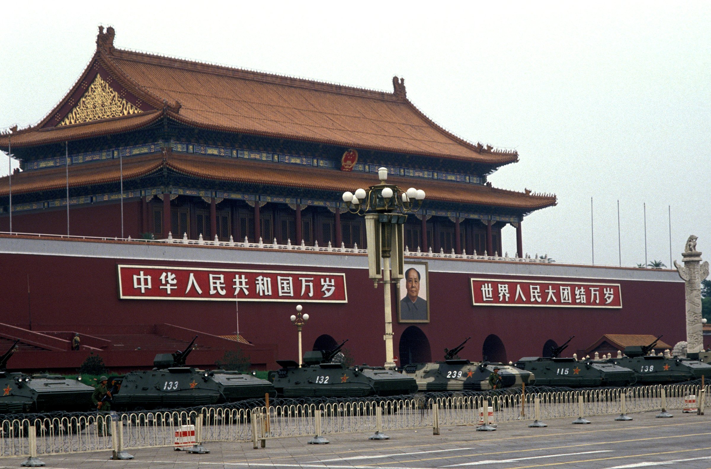 The tanks on Tiananmen Square in Beijing China on June 11, 1989.