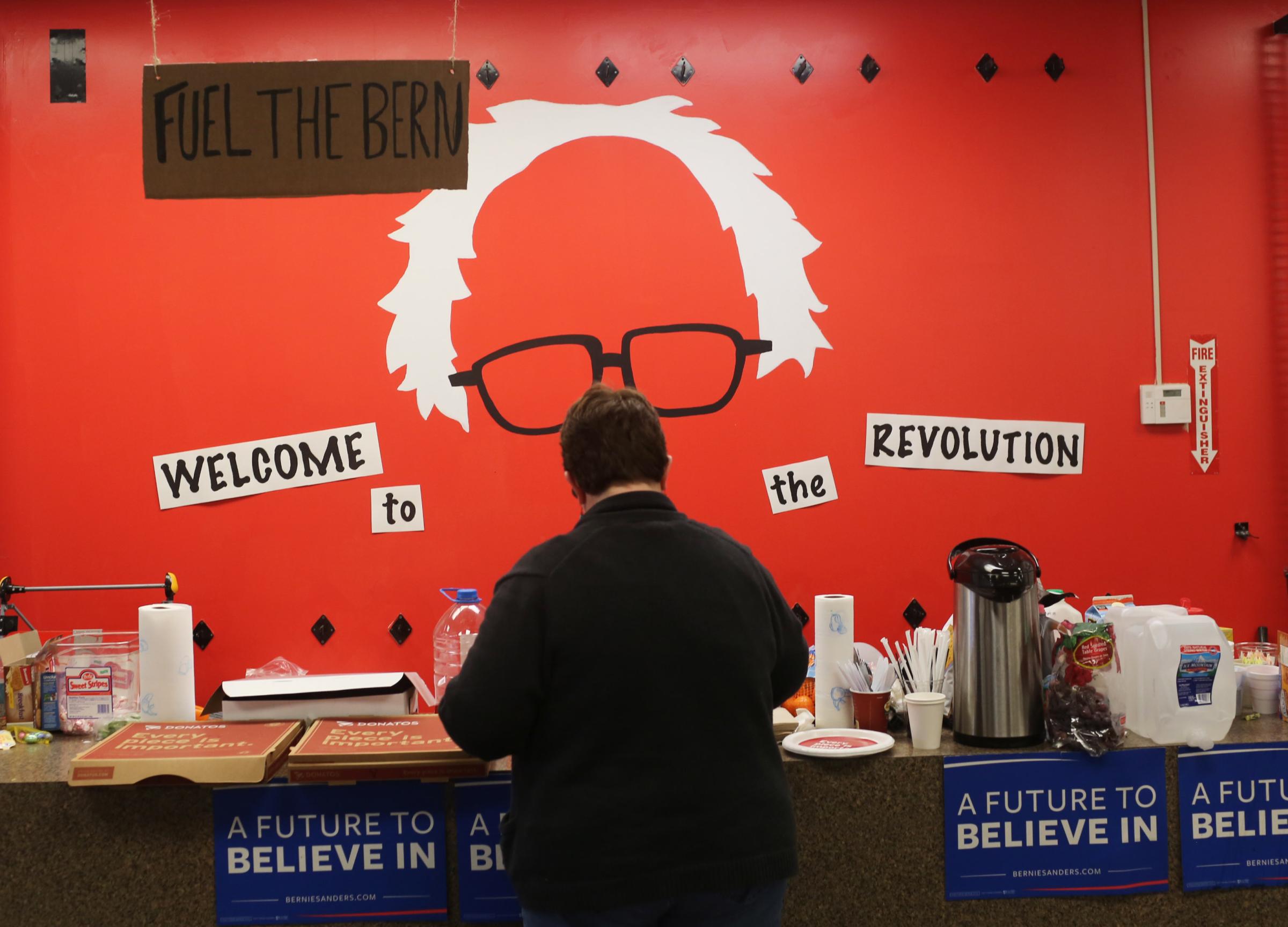 A volunteer grabs coffee and snacks at a campaign office for Democratic presidential candidate, Vermont Sen. Bernie Sanders on March 15, 2016 in Columbus, Ohio.