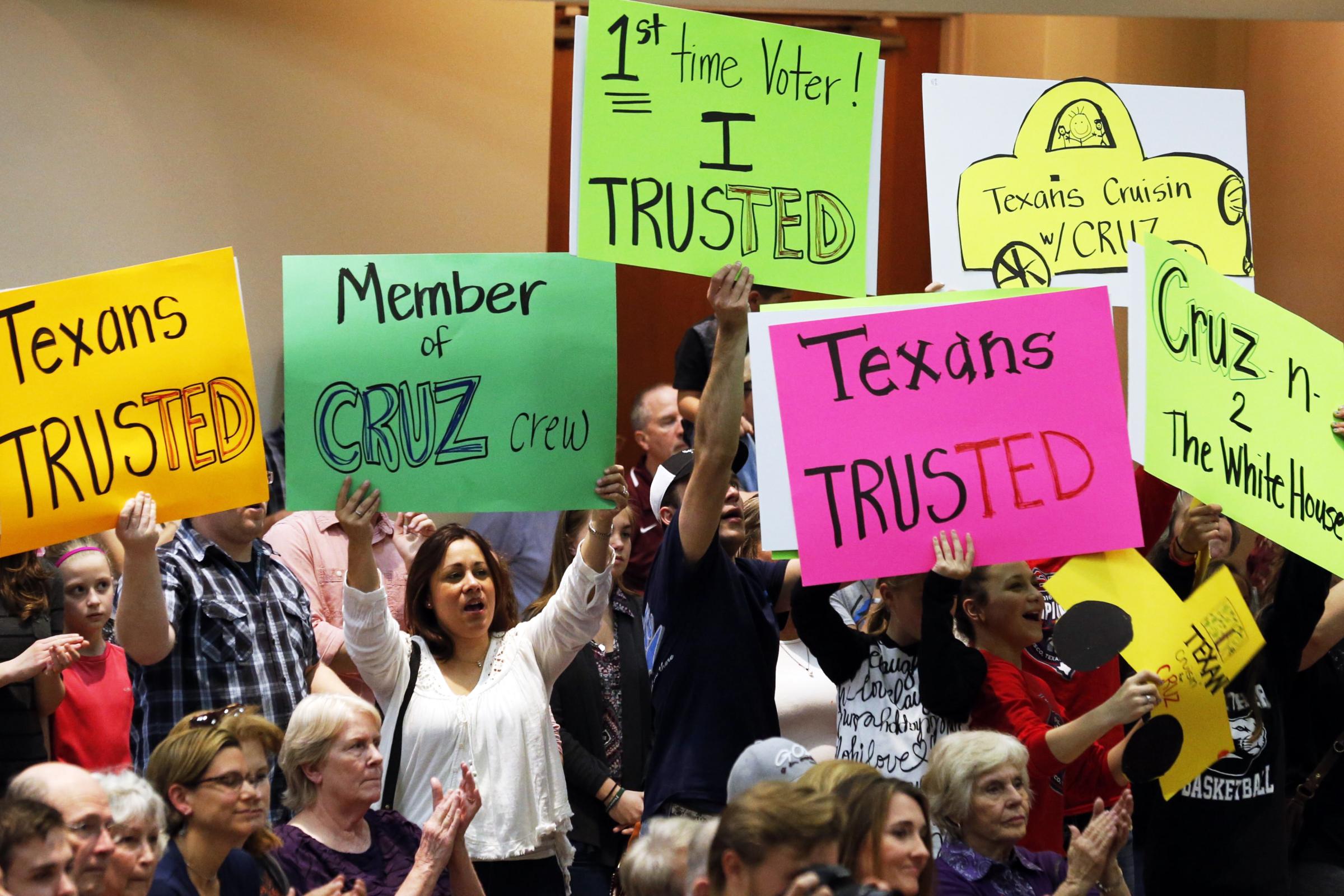 Republican challenger Texas voters hold signs for Republican presidential candidate, Texas Sen. Ted Cruz in San Antonio on Feb. 29.