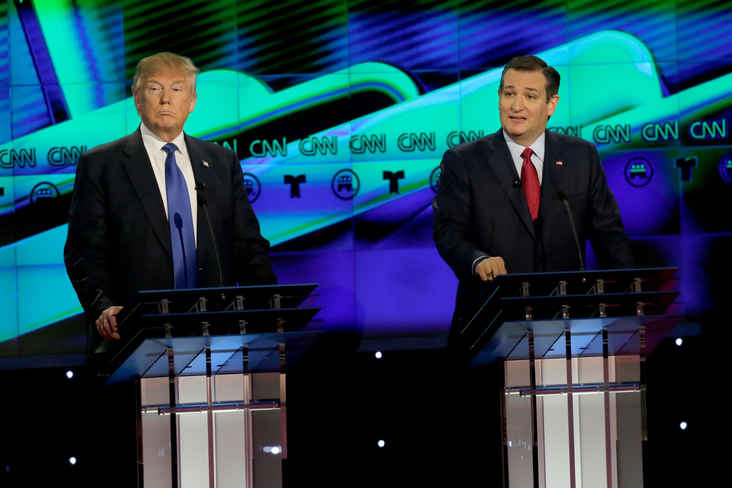 TELEMUNDO EVENTS -- Pictured: (l-r) Republican presidential candidates Donald Trump and Sen. Ted Cruz (R-TX) at the Republican presidential primary candidate debate sponsored by CNN and Telemundo at the University of Houston in Houston, TX, on February 25, 2016. Emmy Award-Winning journalist María Celeste Arrarás is as a panelist on the only Republican debate to specifically address Latino issues this primary cycle, produced in partnership with CNN and the Salem Media Group. The debate marks the last encounter among Republican presidential hopefuls before Super Tuesday, the day when 12 states, including Colorado and Texas, choose their Republican presidential nominees. -- (Photo by: Bob Levey/Telemundo)