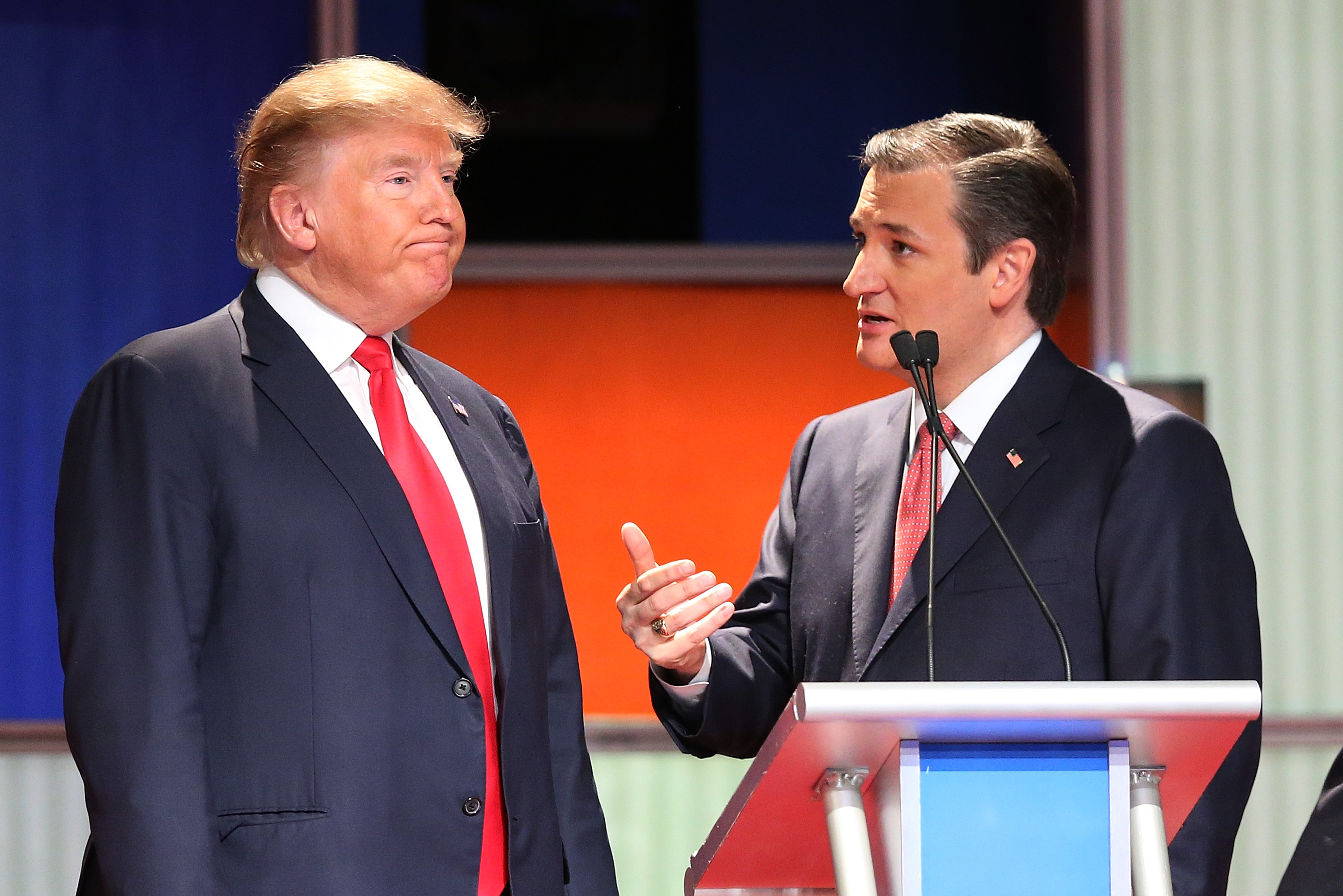 Donald Trump and Ted Cruz speak during a commercial break in a presidential debate in South Carolina, on Jan. 14, 2016. (Scott Olson—Getty Images)