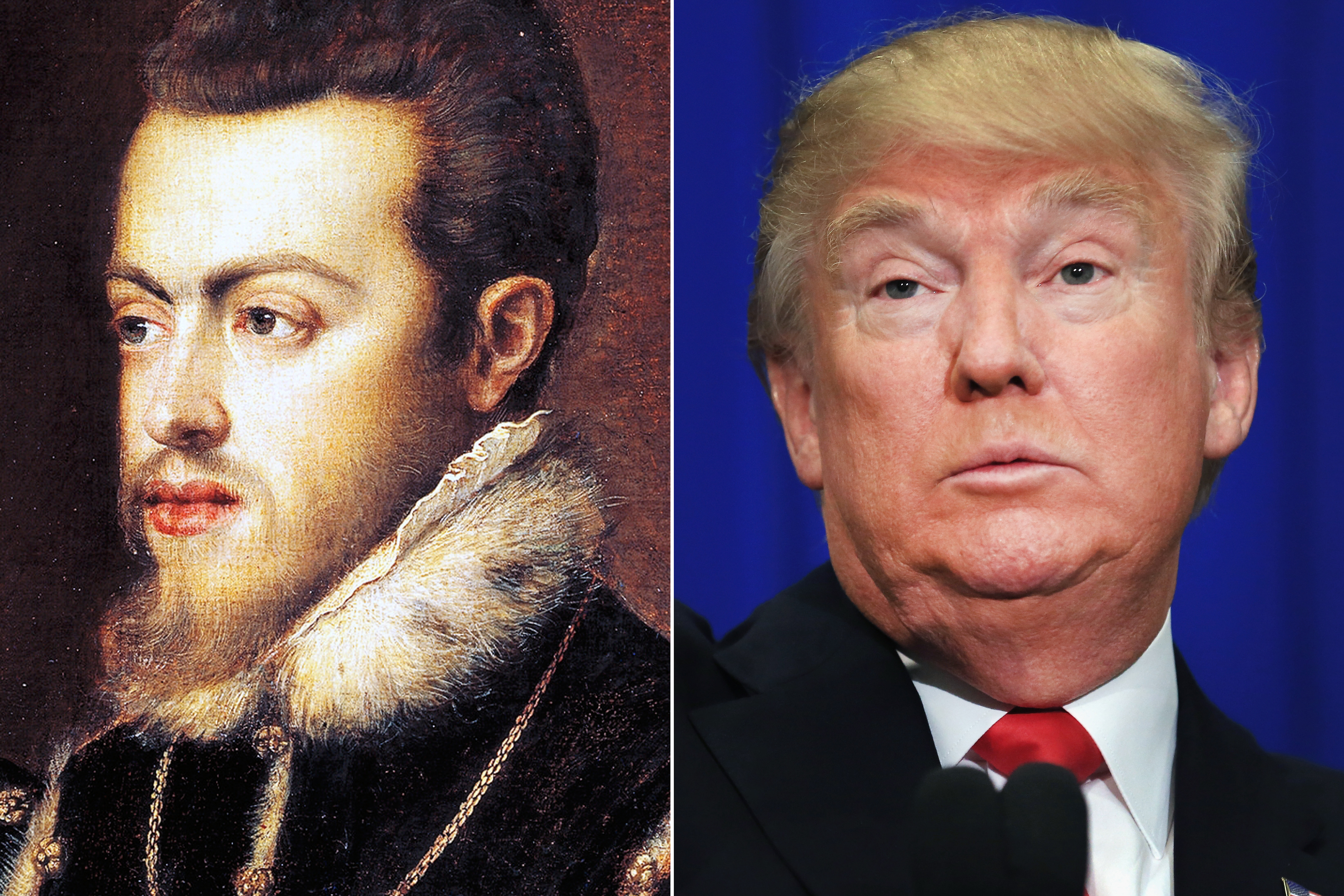 Painting by Titian, of Philip II of Spain (L); Donald Trump speaks in Fort Worth, TX, on Feb. 26, 2016. (DeAgostini—Getty Images (L); Tom Pennington—Getty Images)