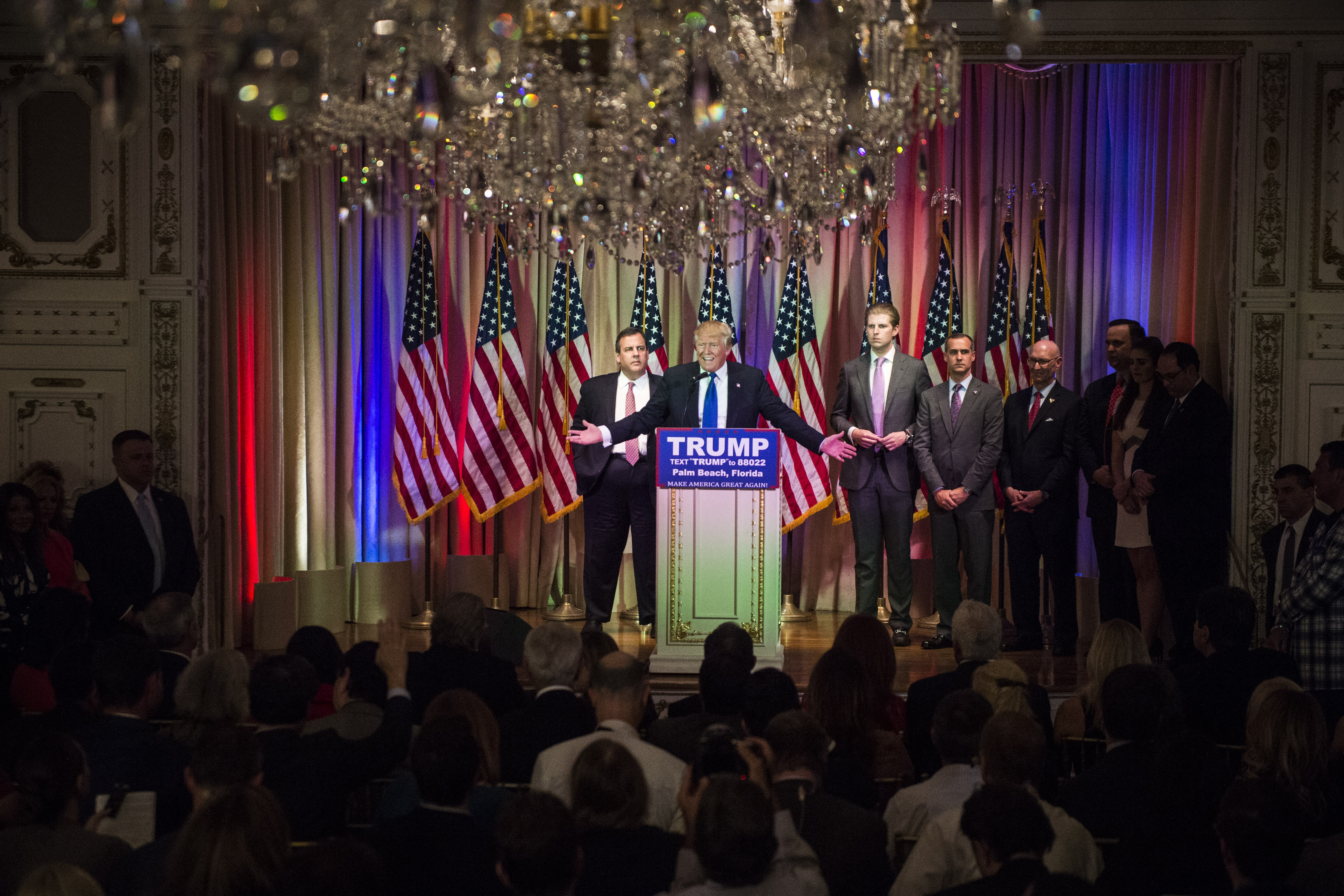Republican presidential candidate Donald Trump speaks, alongside New Jersey Gov. Chris Christie, left, during a campaign press event at the Mar-A-Lago Club in Palm Beach, FL on Mar. 1, 2016. (Jabin Botsford—The Washington Post//Getty Images)