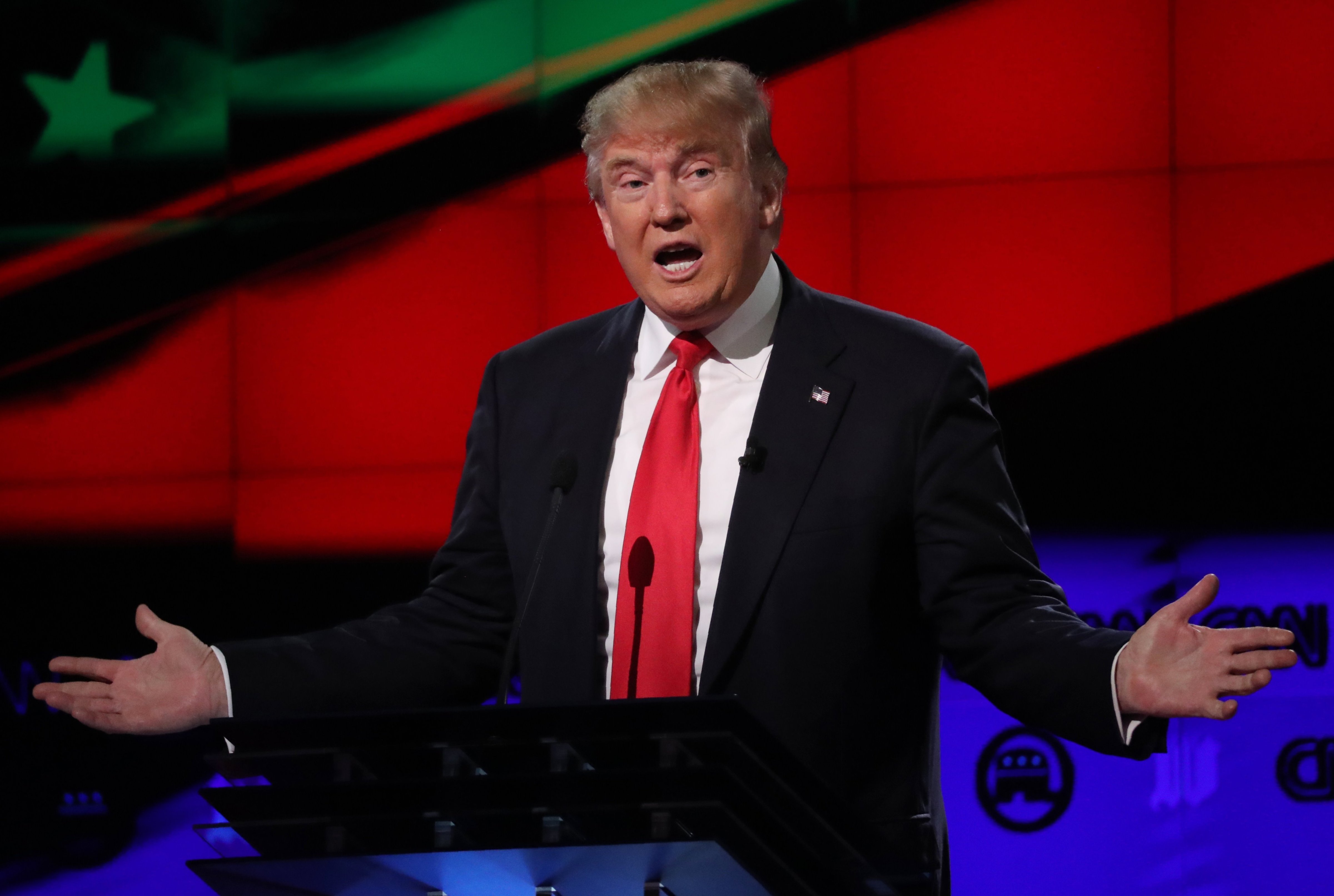 Republican U.S. presidential candidate Donald Trump speaks during the Republican candidates debate in Miami