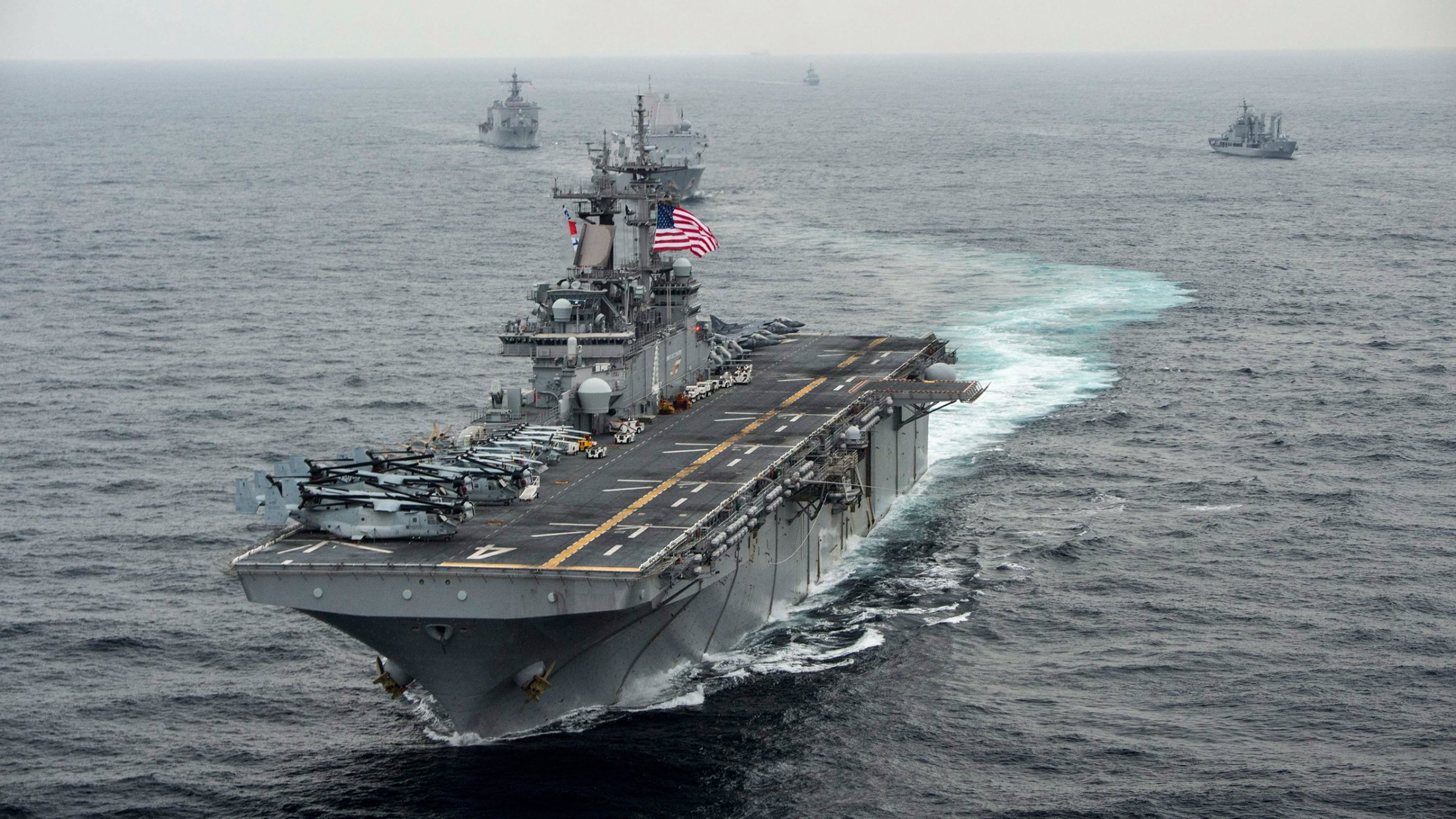 A handout photo provided by the U.S. Navy Media Content Operations on March 9, 2016, shows the amphibious assault ship USS Boxer (LHD 4) transiting the East Sea during Exercise Ssang Yong, in conjunction with the Republic of Korea Navy, one day earlier.