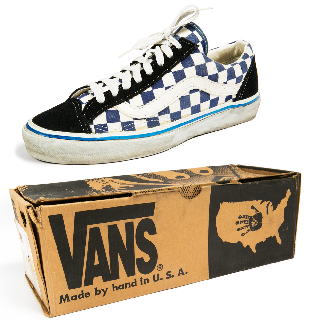 Vintage Old Skool shoe and Vans box. The Old Skool was the first skate shoe to incorporate leather and the famous Vans Sidestripe.