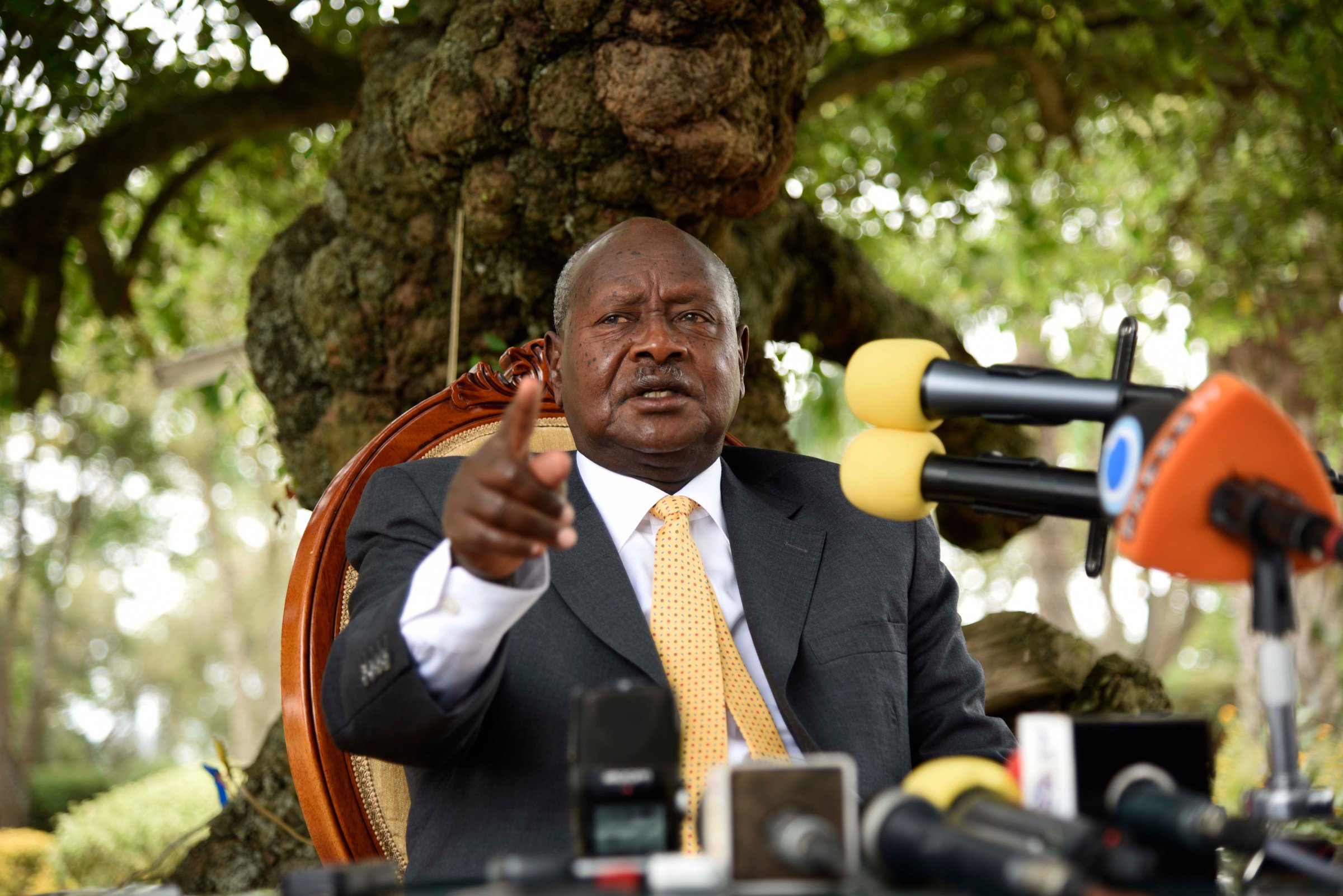 Newly re-elected president Yoweri Museveni, in power since three decades, gestures as he speaks during a press conference at his country house in Rwakitura on Feb. 21, 2016.