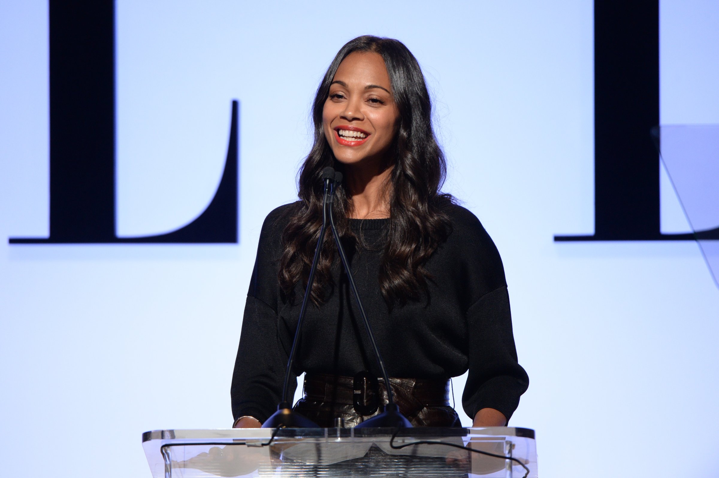 Actress Zoe Saldana speaks onstage during the 22nd Annual ELLE Women in Hollywood Awards presented by Calvin Klein Collection, L’Oréal Paris, and David Yurman at the Four Seasons Los Angeles at Beverly Hills on October 19, 2015 in Beverly Hills, California.