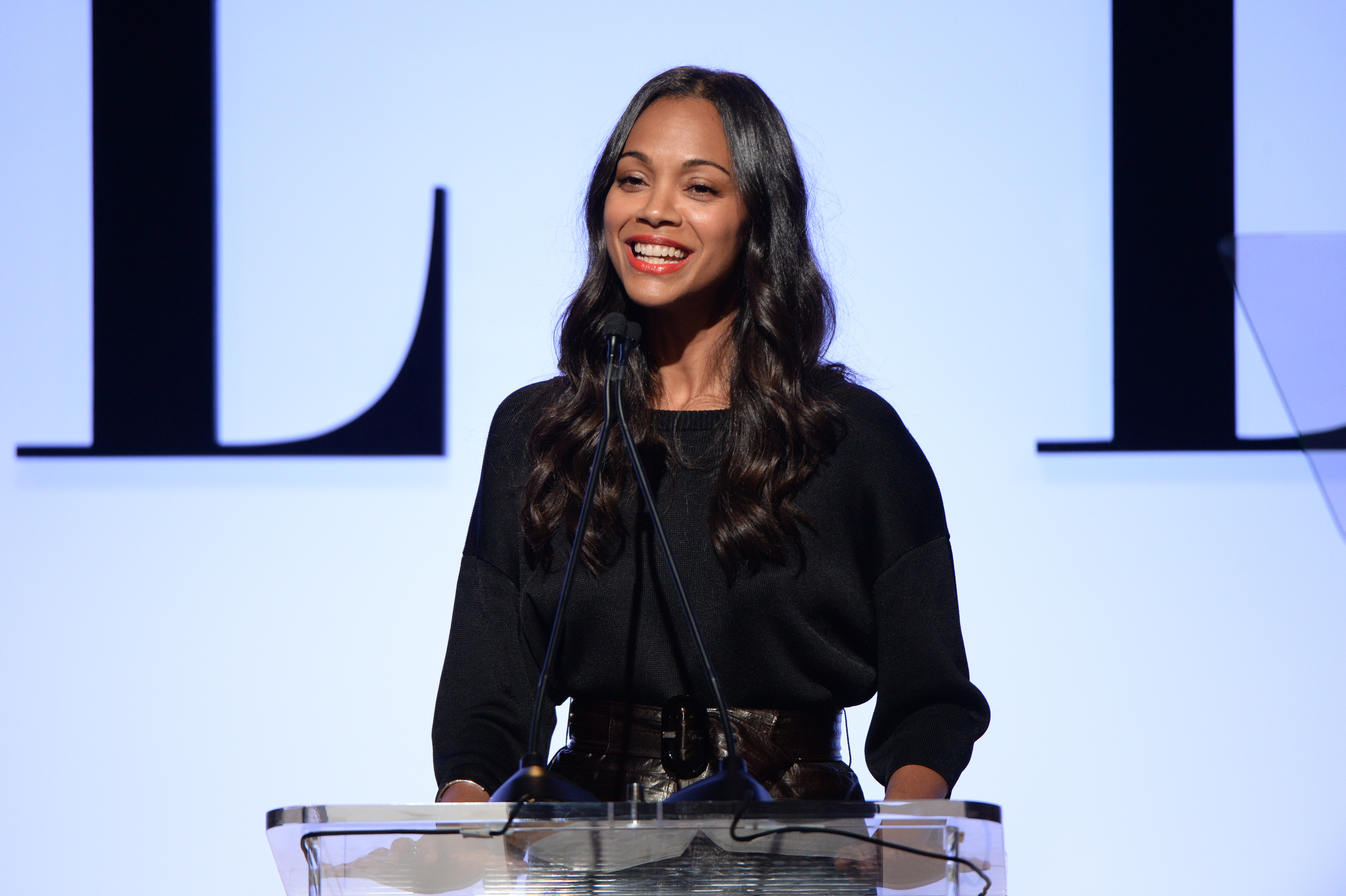 Actress Zoe Saldana speaks onstage during the 22nd Annual ELLE Women in Hollywood Awards presented by Calvin Klein Collection, L’Oréal Paris, and David Yurman at the Four Seasons Los Angeles at Beverly Hills on October 19, 2015 in Beverly Hills, California. (Michael Kovac—Getty Images)
