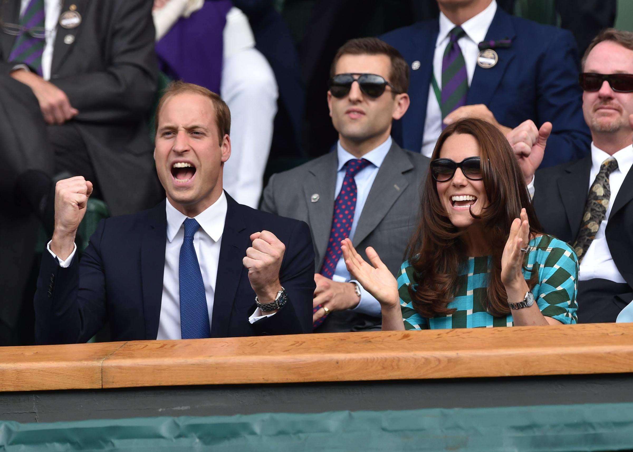 Catherine, Duchess of Cambridge and Prince William, Duke of Cambridge, attend the mens singles final between Novak Djokovic and Roger Federer on centre court during day thirteen of the Wimbledon Championships at Wimbledon in London on July 6, 2014.